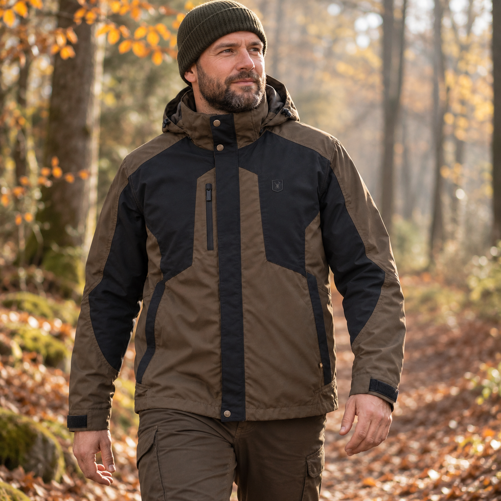 Chaqueta Deerhunter Strike Fallen Leaf en un sendero de bosque otoñal