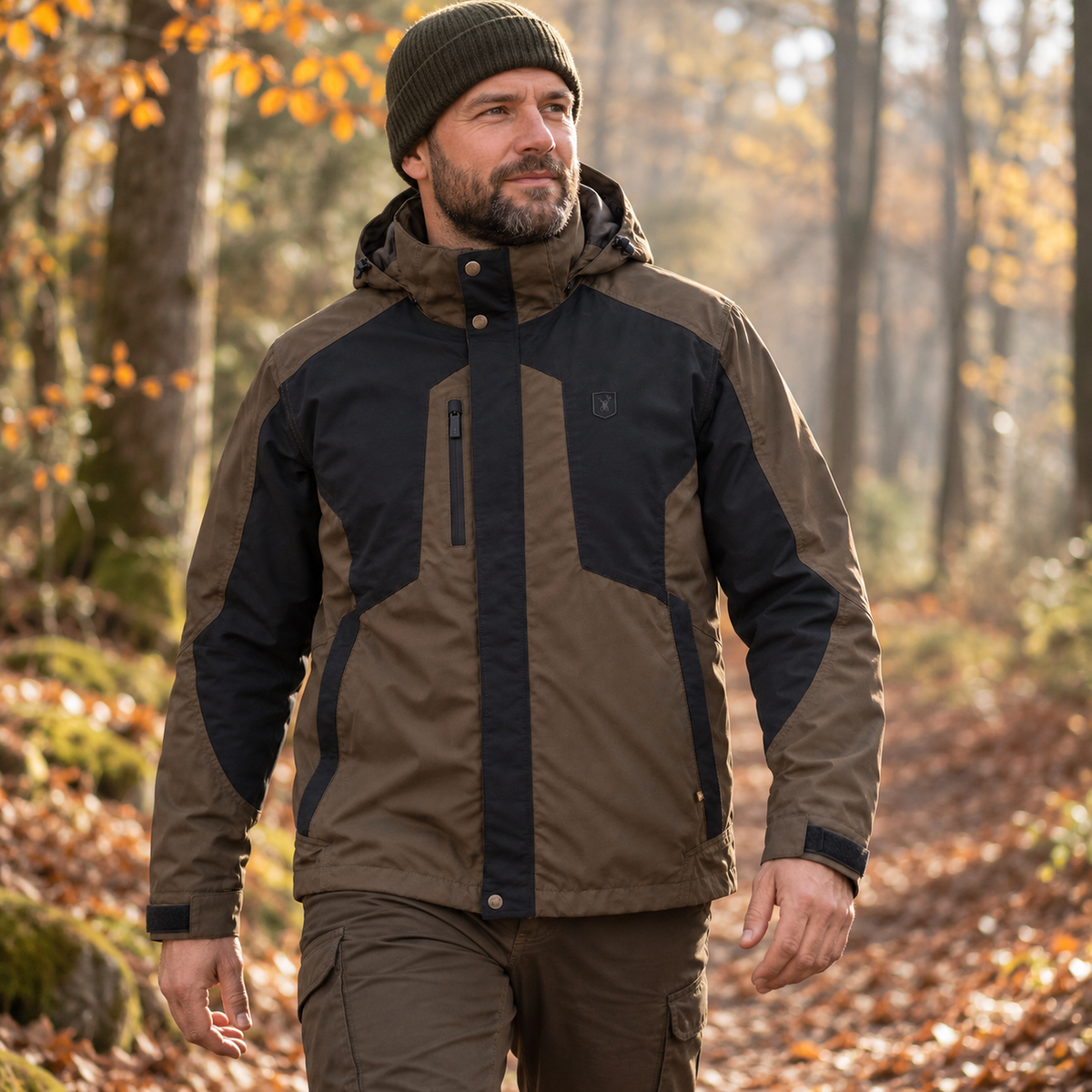 Chaqueta Deerhunter Strike Fallen Leaf en un sendero de bosque otoñal