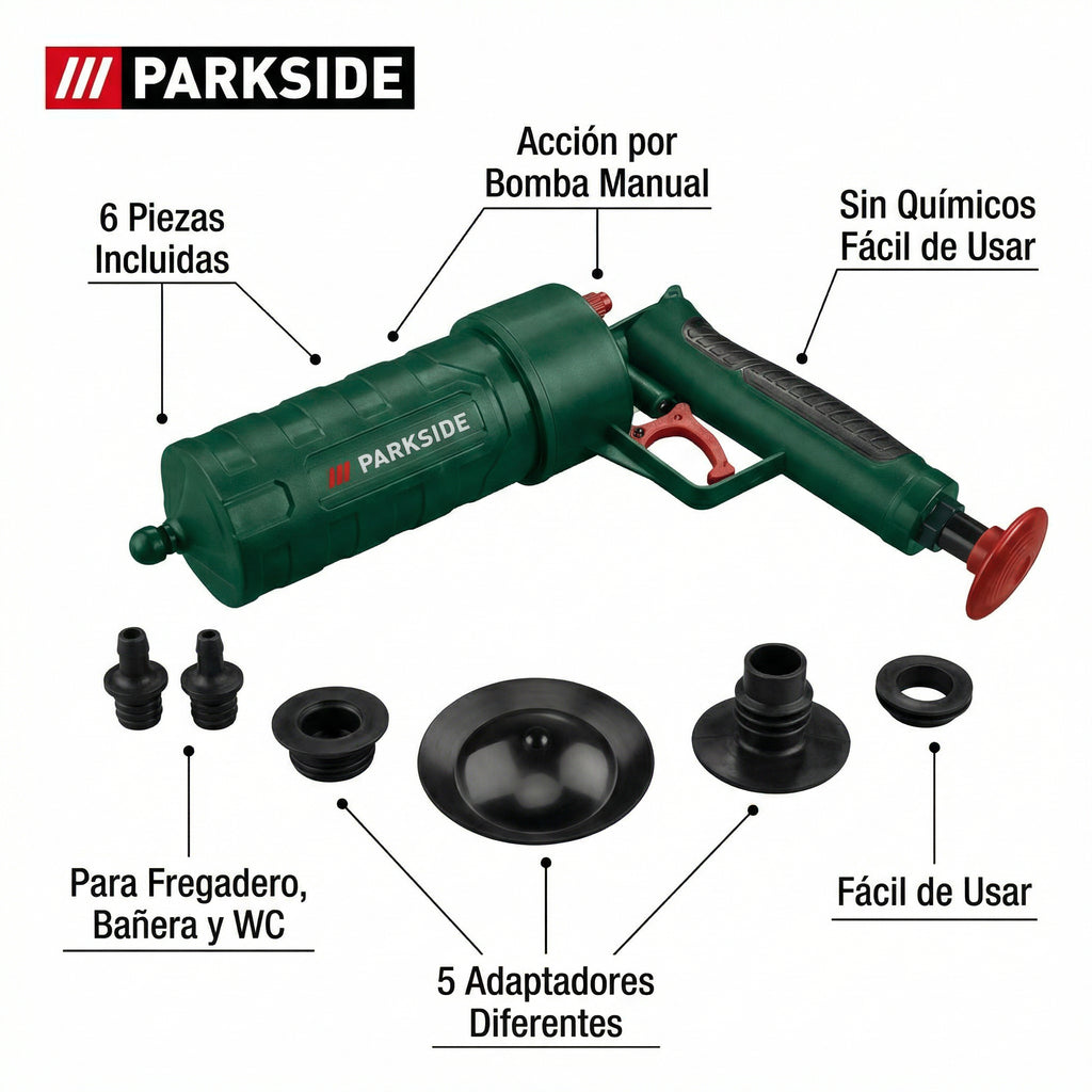 Desatascador de Bomba Manual 6 Piezas con 5 Adaptadores | Parkside