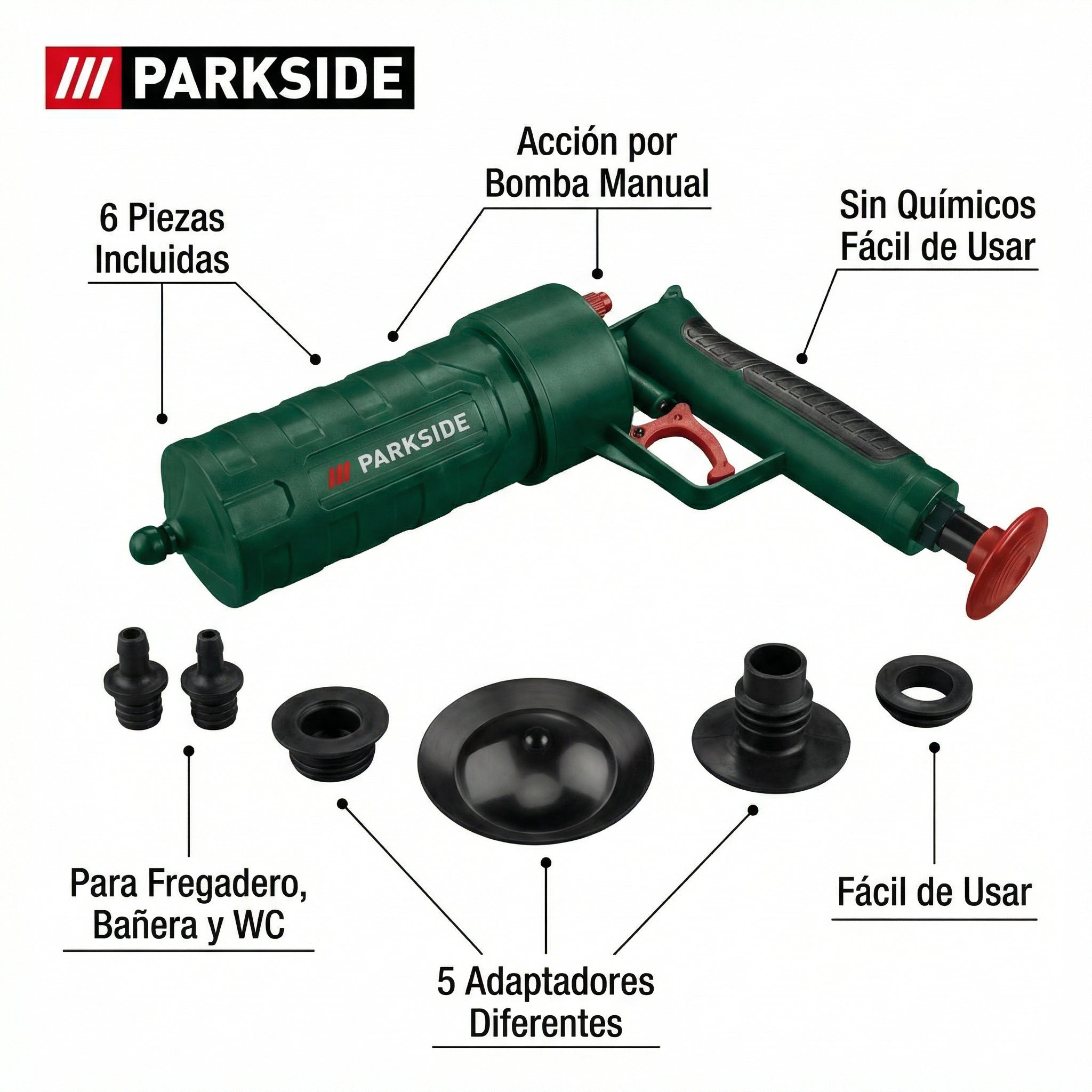 Desatascador de Bomba Manual 6 Piezas con 5 Adaptadores | Parkside