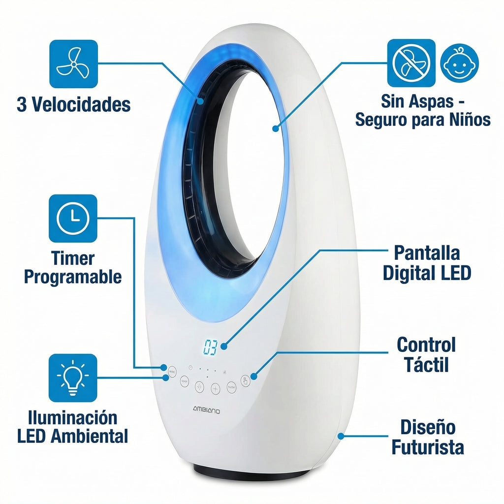 Ventilador de Diseño Sin Aspas con Iluminación LED y Pantalla Digital | Ambiano