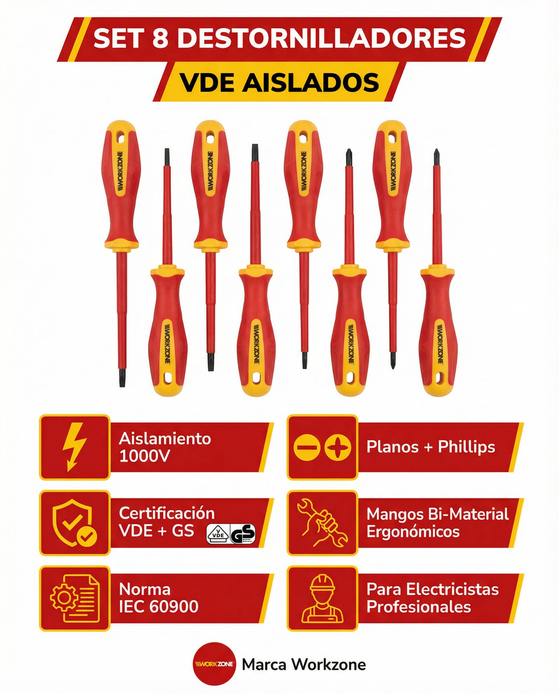 Set 8 Destornilladores VDE Aislados 1000V Planos + Phillips | Workzone