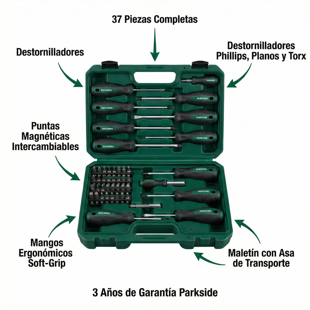 Set Destornilladores y Puntas Magnéticas 37 Piezas con Maletín | Parkside
