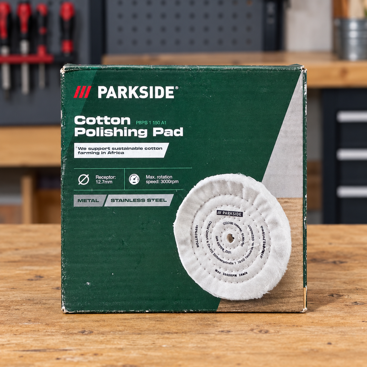 Caja original Parkside disco de algodón para pulido en banco de taller