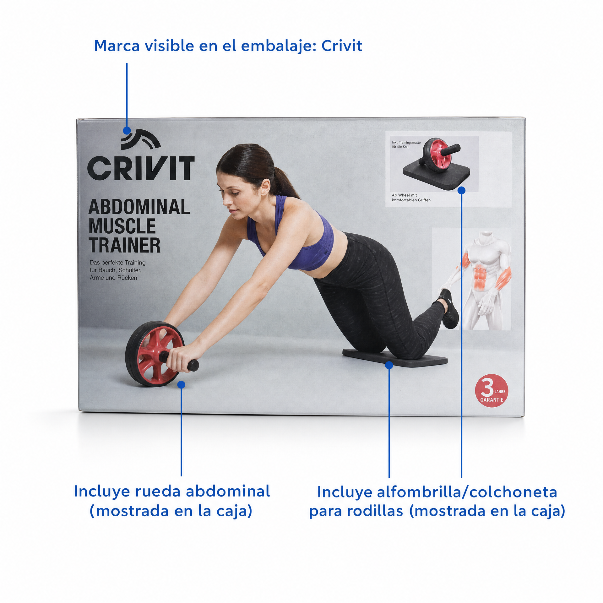 Crivit Rueda para abdominales con alfombrilla para rodillas