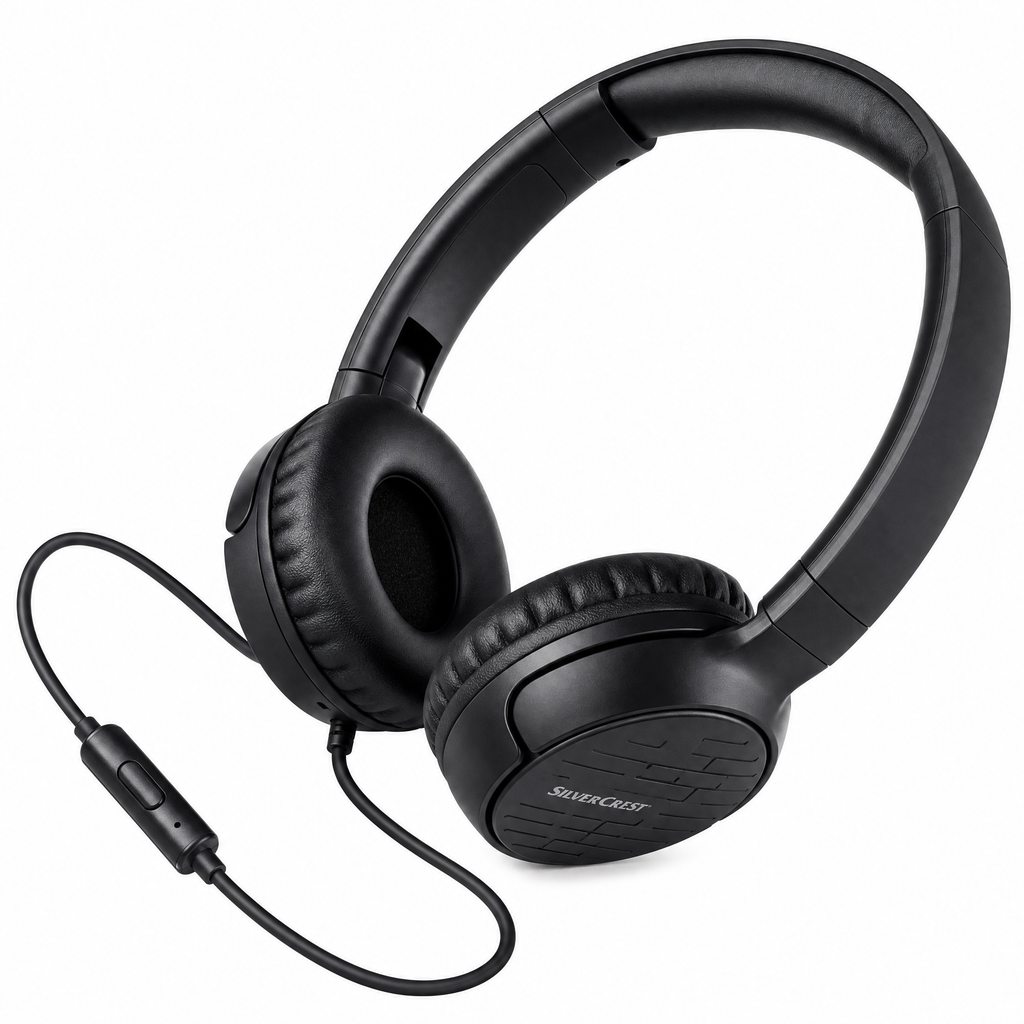 Auriculares on-ear plegables con cable y control en línea, negros