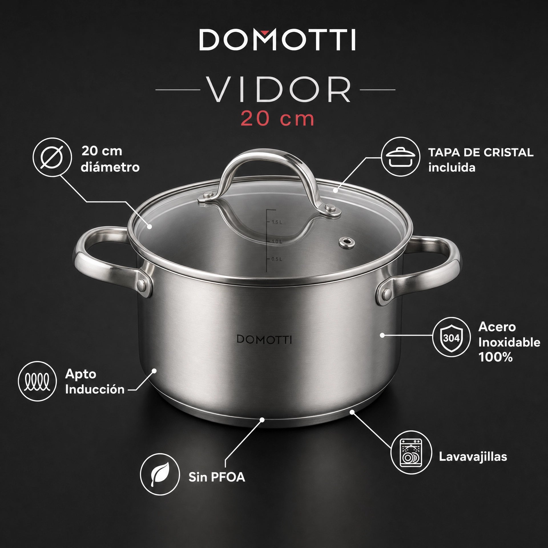 Pack 3 Ollas Acero Inoxidable con Tapa Domotti Vidor — 20 cm