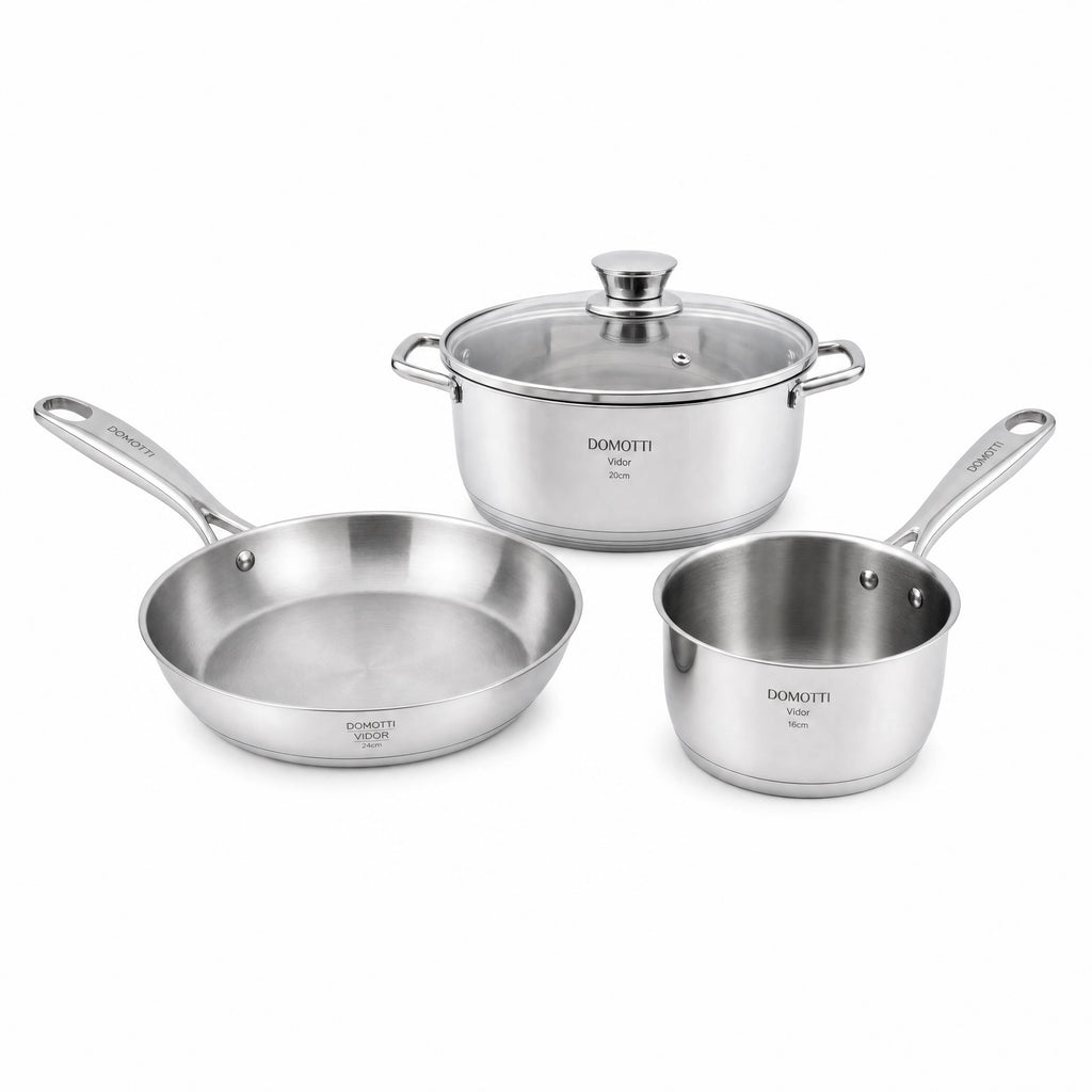 Set Completo Cocina Domotti Vidor — Sartén 24cm + Cazuela 20cm con Tapa + Cazo 16cm