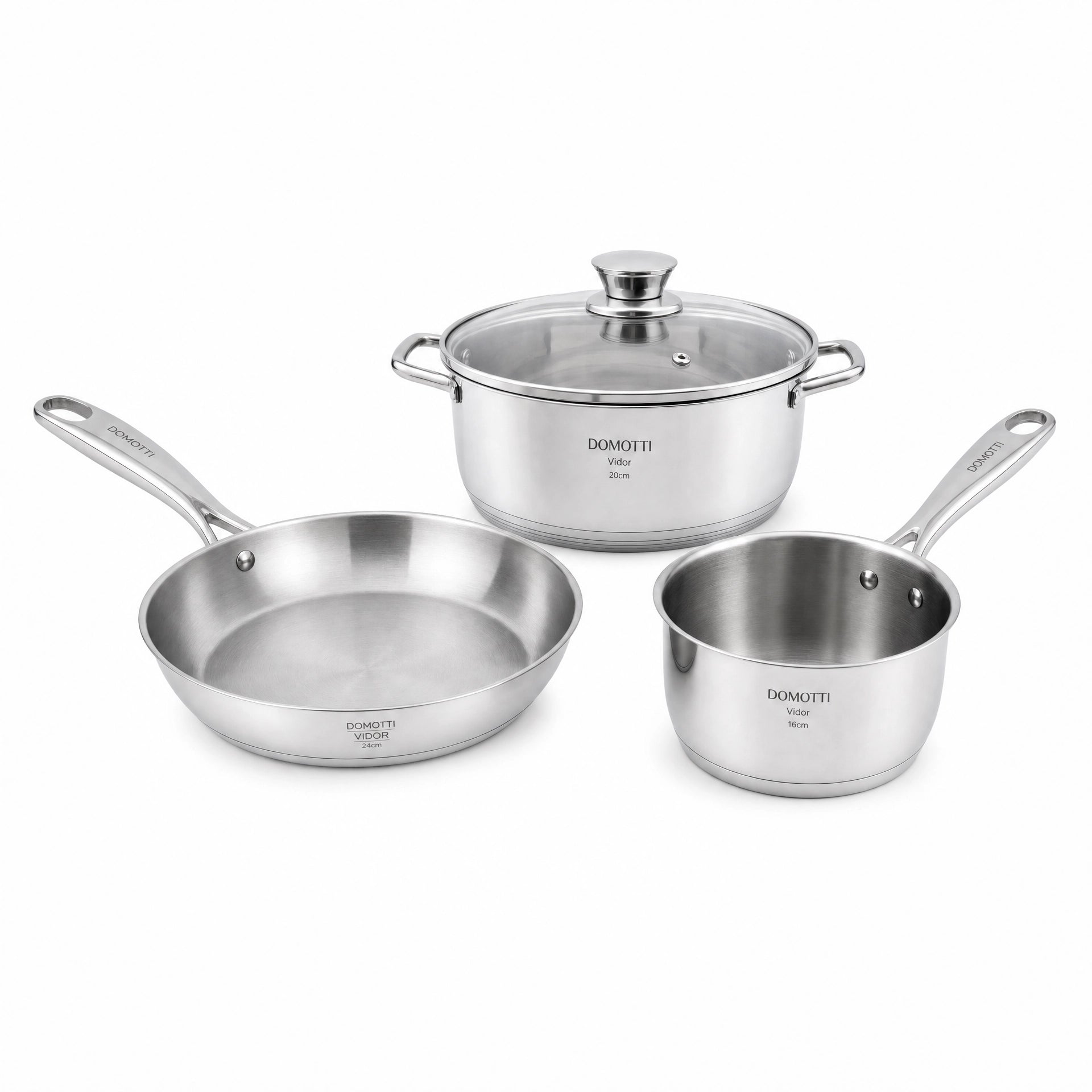 Set Completo Cocina Domotti Vidor — Sartén 24cm + Cazuela 20cm con Tapa + Cazo 16cm