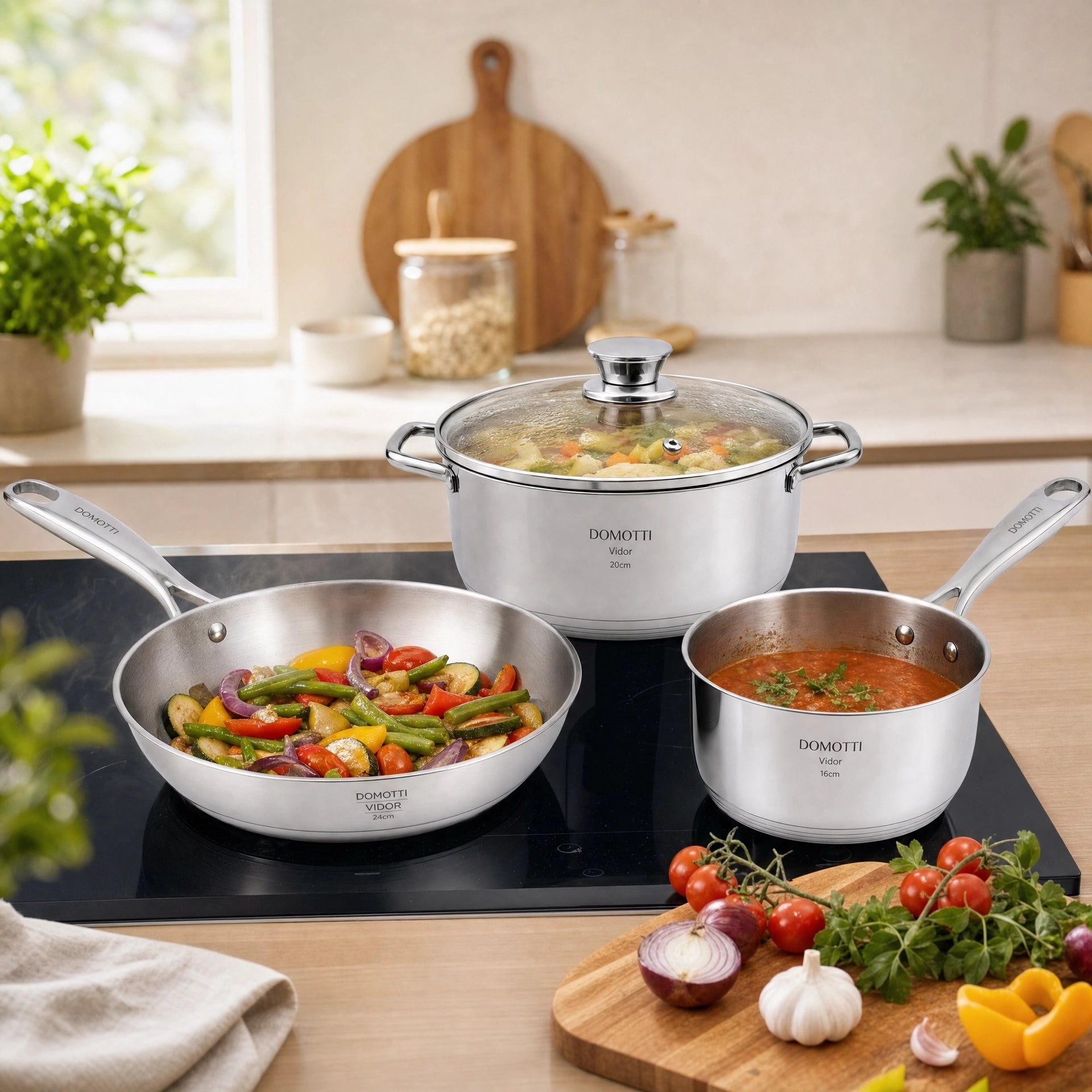 Set Completo Cocina Domotti Vidor — Sartén 24cm + Cazuela 20cm con Tapa + Cazo 16cm