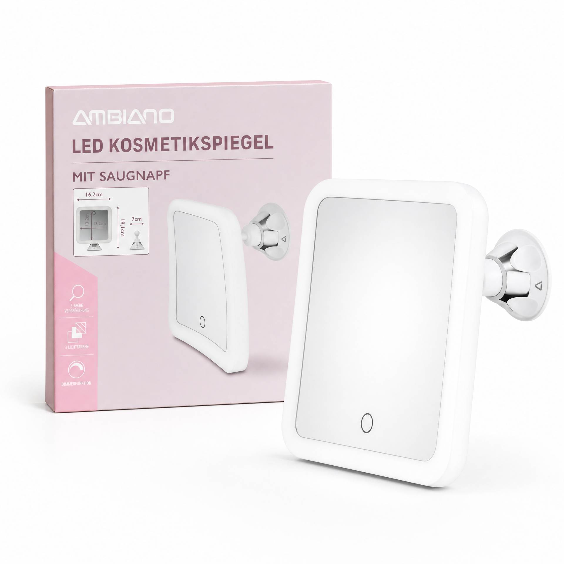 Espejo Cosmético LED Ambiano con Ventosa y Aumento 5x