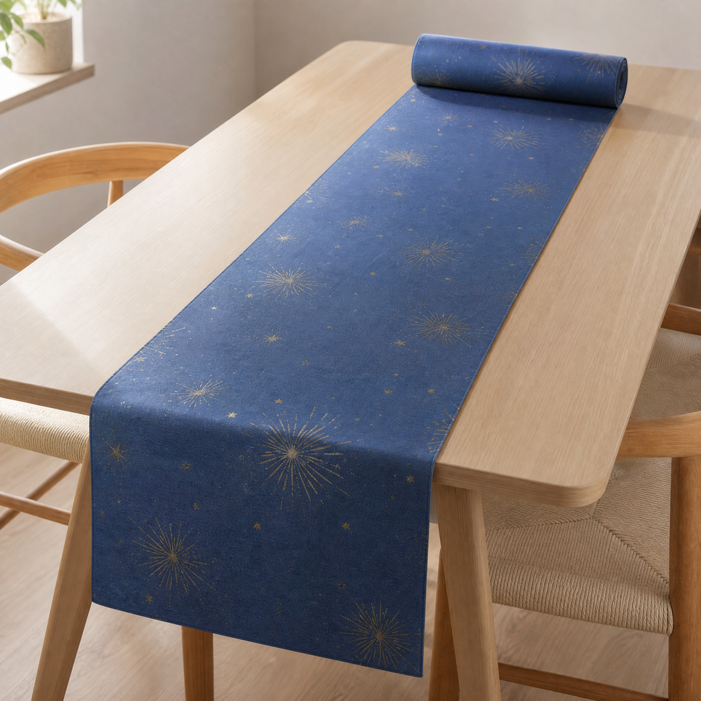 Kokett camino de mesa decorativo azul con estampado de estrellas doradas