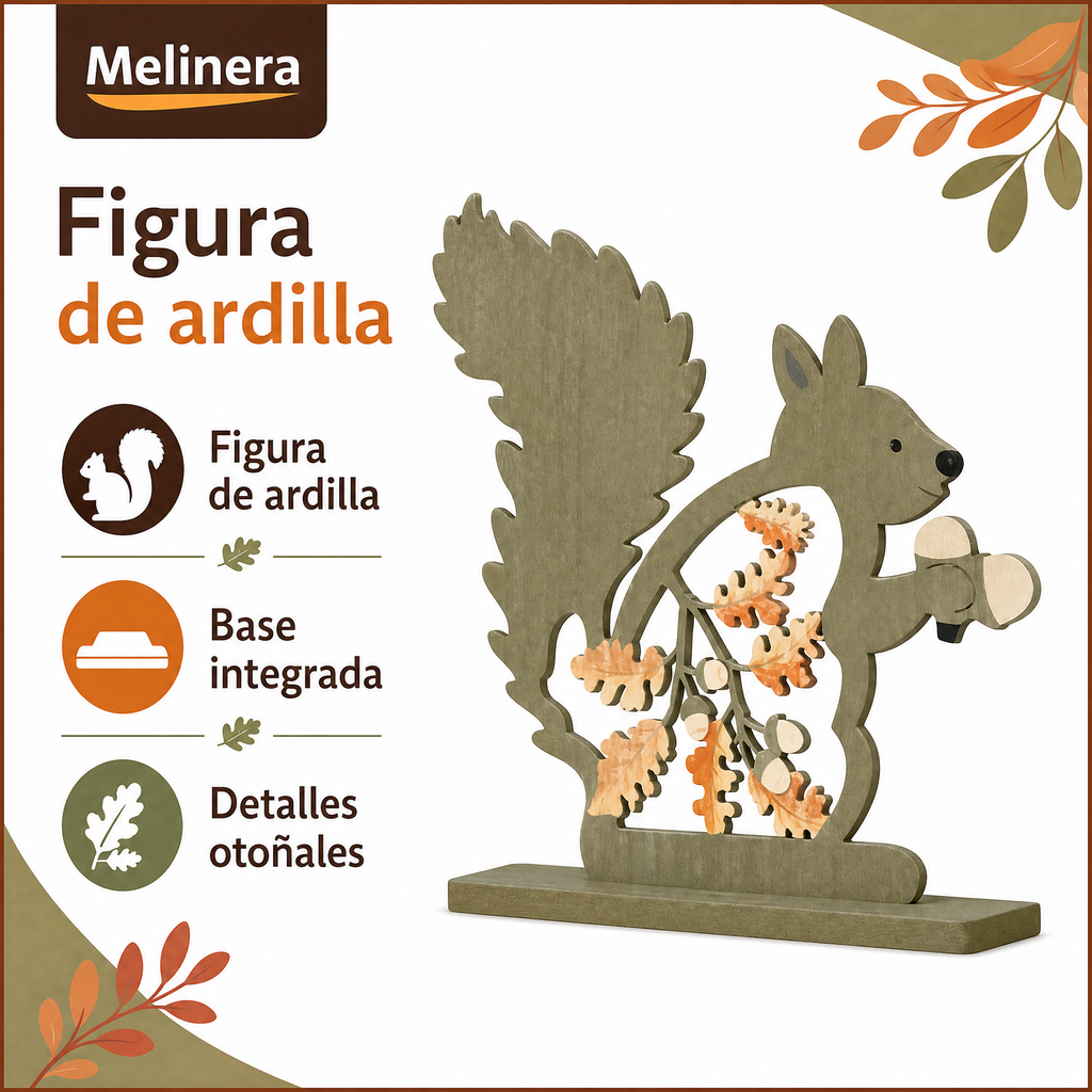 Melinera figura decorativa de ardilla con base y detalles otoñales