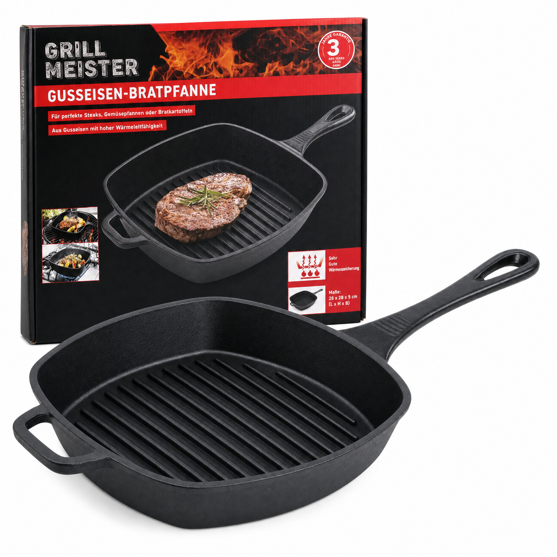 GRILL MEISTER Sartén de hierro fundido con mango integrado y asas laterales
