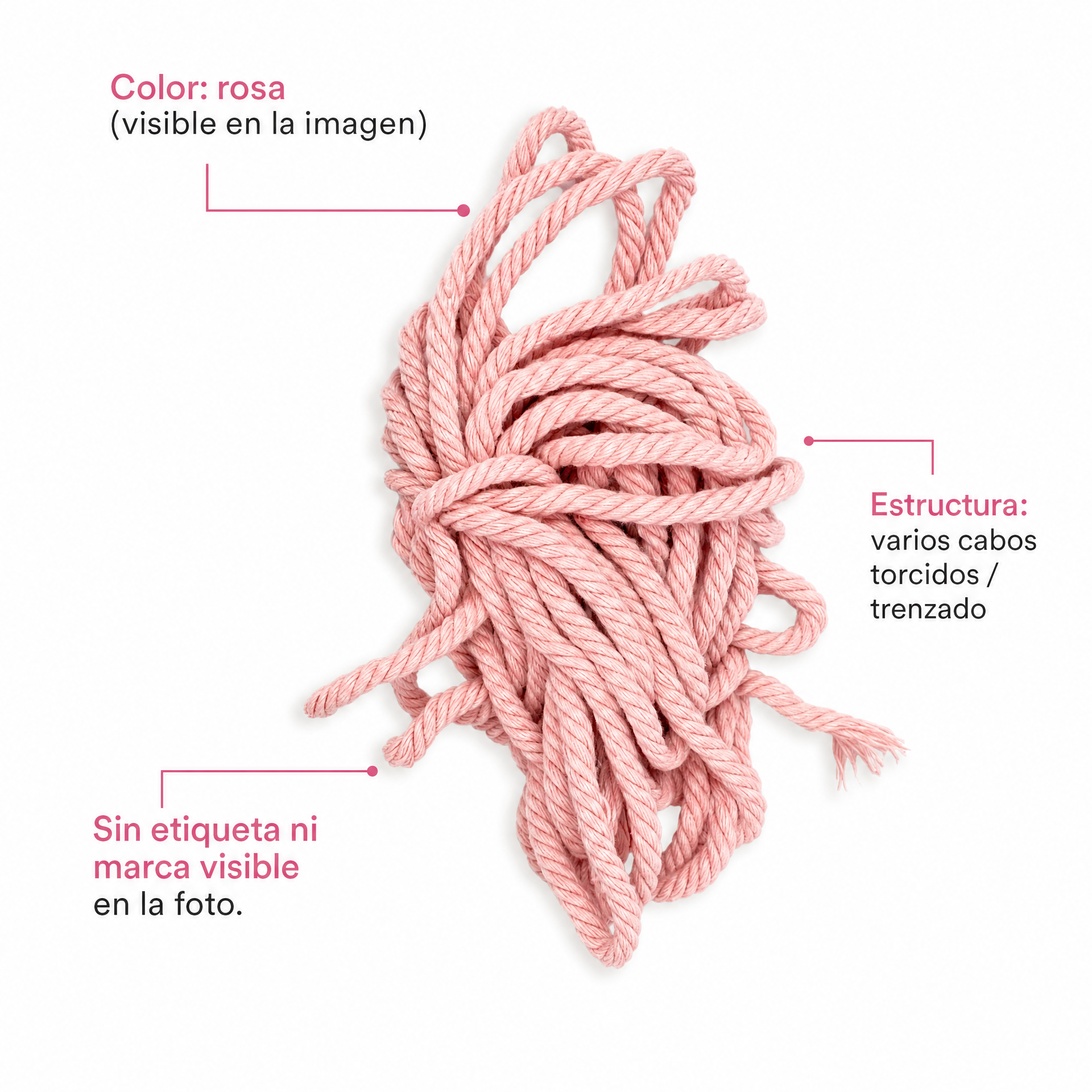 Cordón trenzado rosa, manojo suelto de varios cabos torcidos