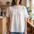 Blusa ANANY Blanca Manga Corta con Encaje (Tallas 38, 40, 42)