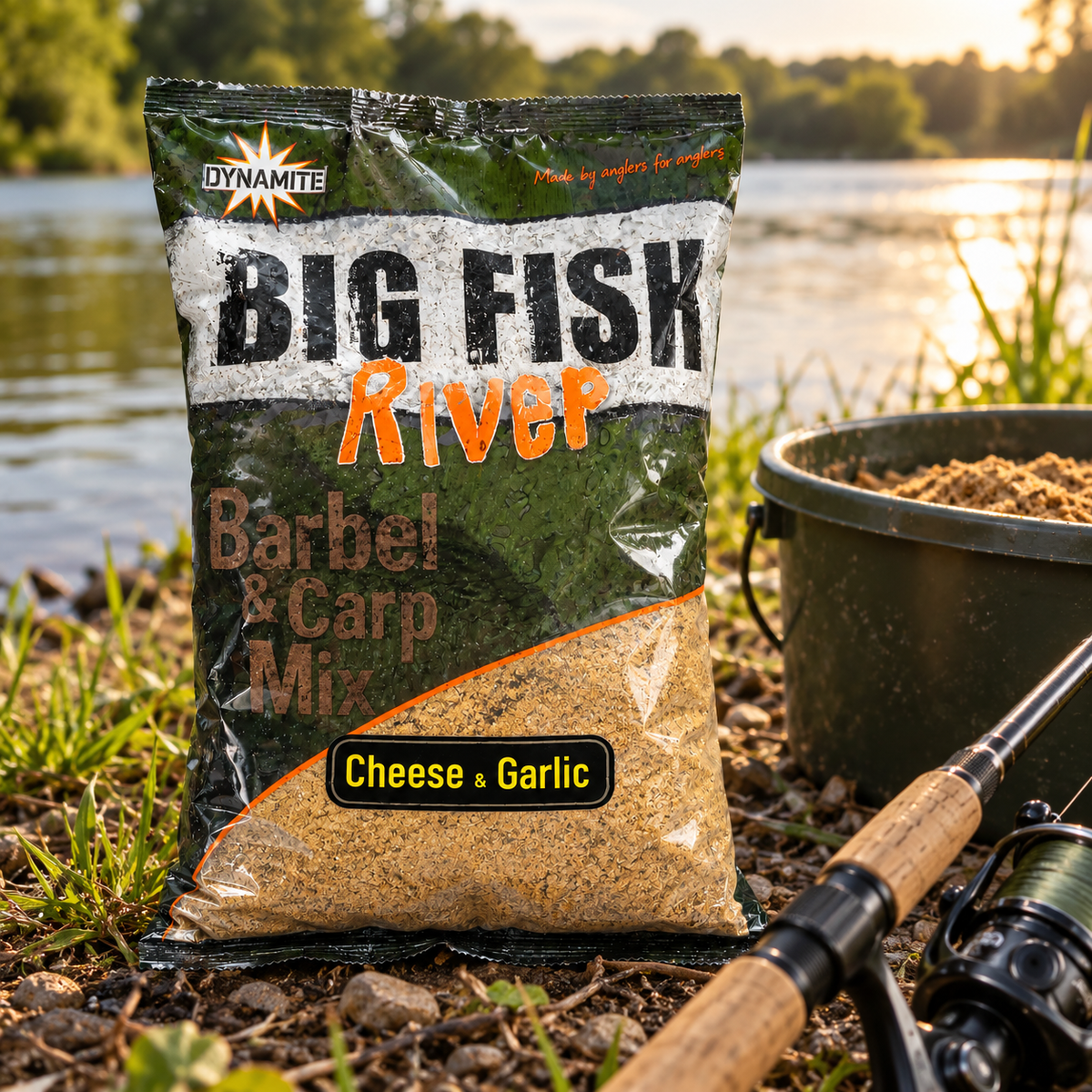 Dynamite Big Fish River Cheese & Garlic Groundbait - uso en pesca