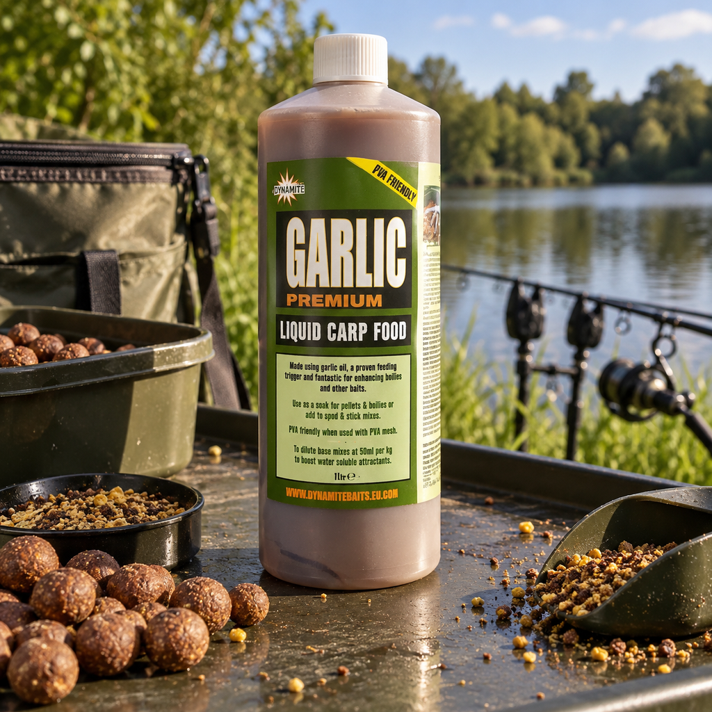 Dynamite Premium Garlic Liquid Carp Food en un entorno de pesca