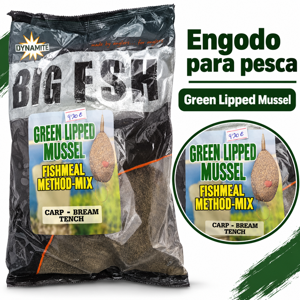 Detalle del engodo Dynamite Green Lipped Mussel Fishmeal Method-Mix