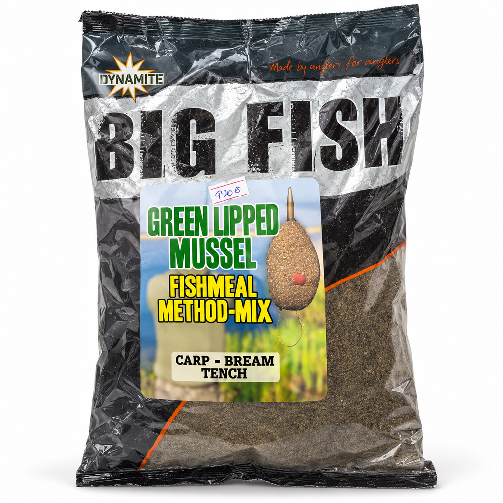 Bolsa Dynamite Big Fish Green Lipped Mussel Fishmeal Method-Mix sobre fondo blanco
