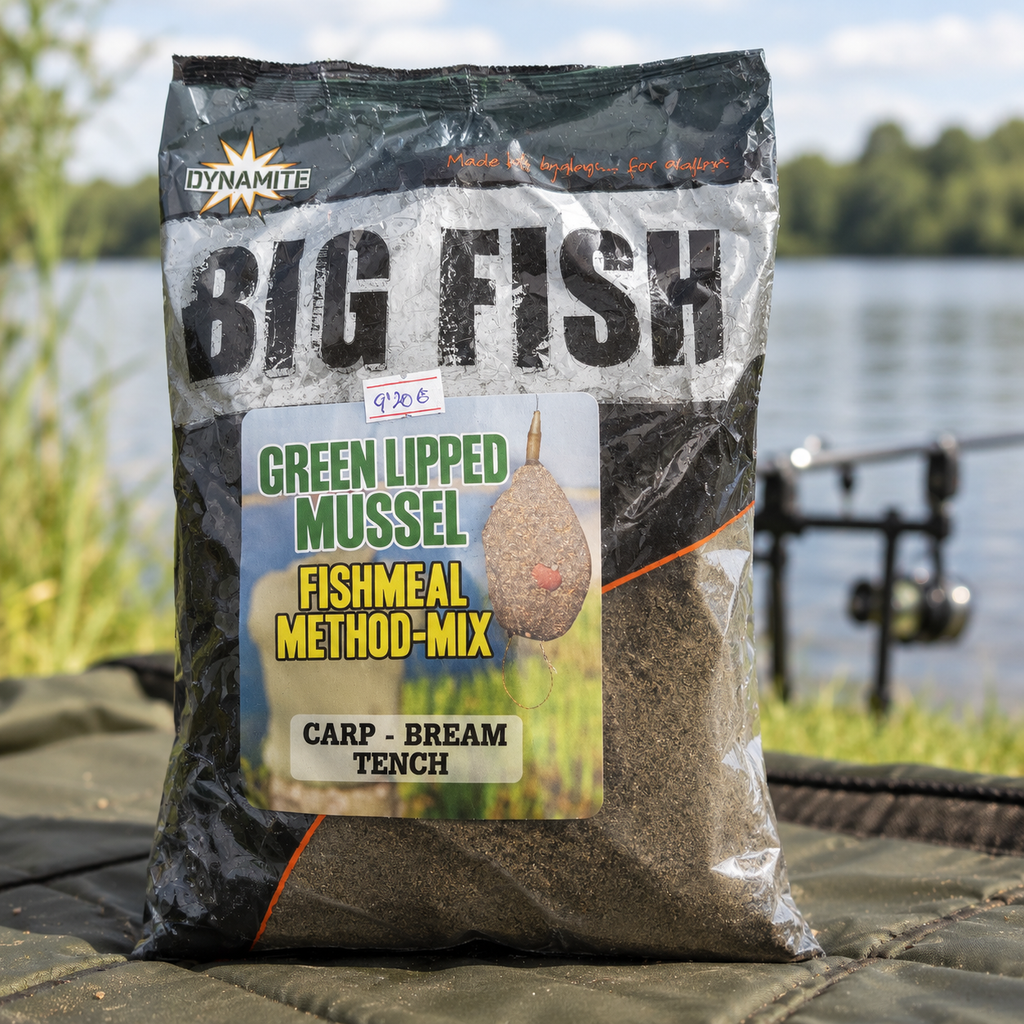 Bolsa Dynamite Green Lipped Mussel junto al agua en un entorno de pesca