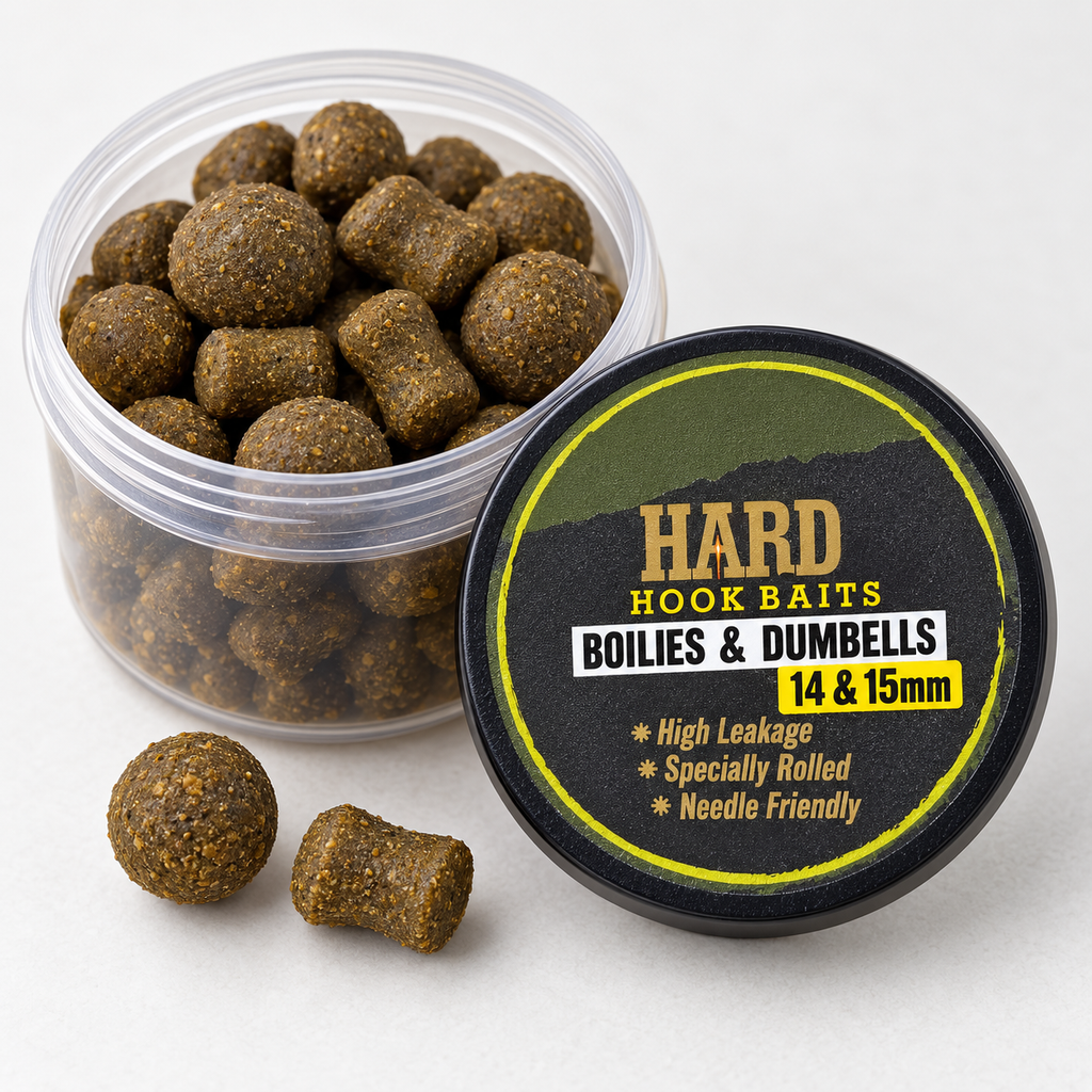 Detalle de los boilies y dumbells Dynamite Hard Hook Baits 14 y 15 mm