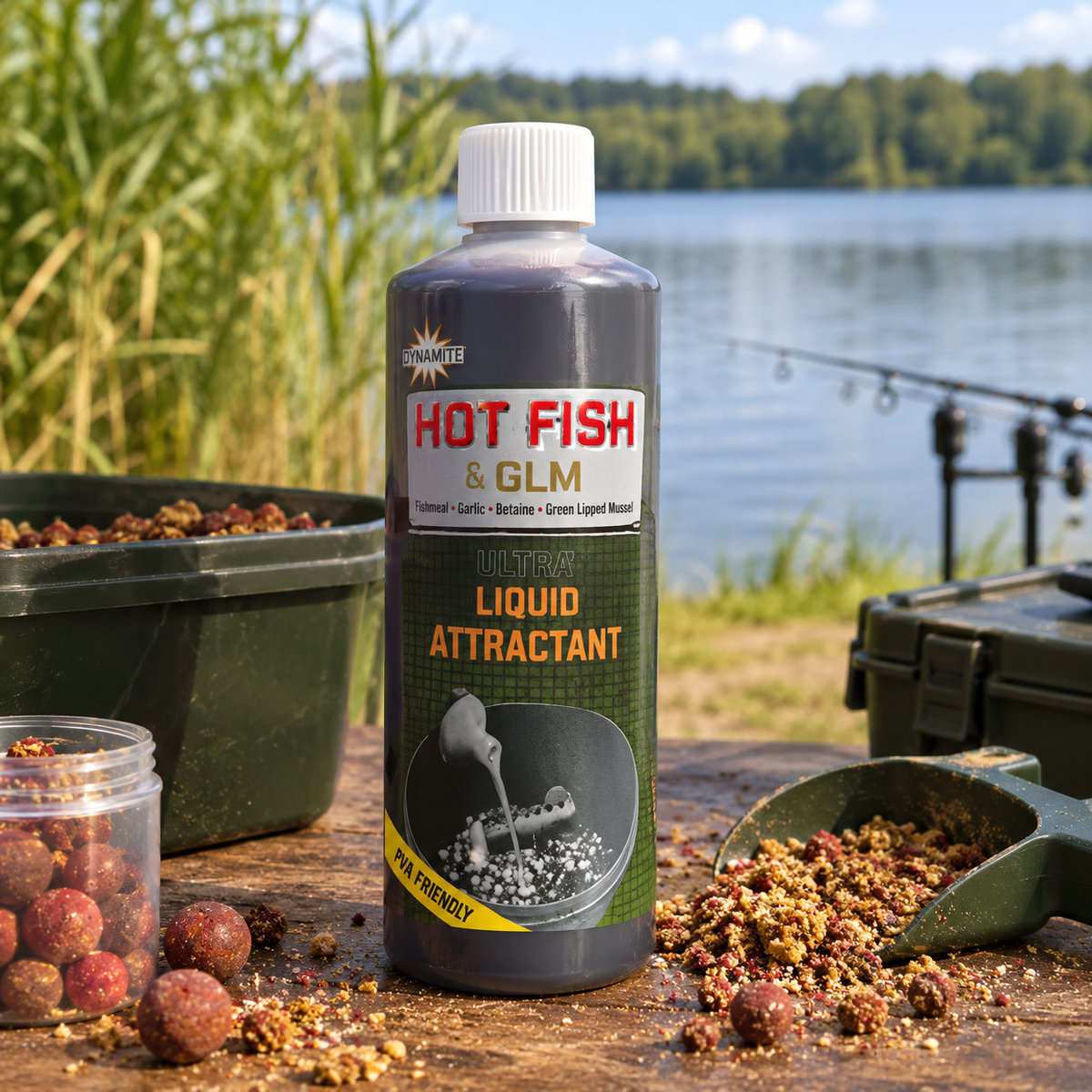 Dynamite Hot Fish y GLM Liquid Attractant en un entorno de pesca