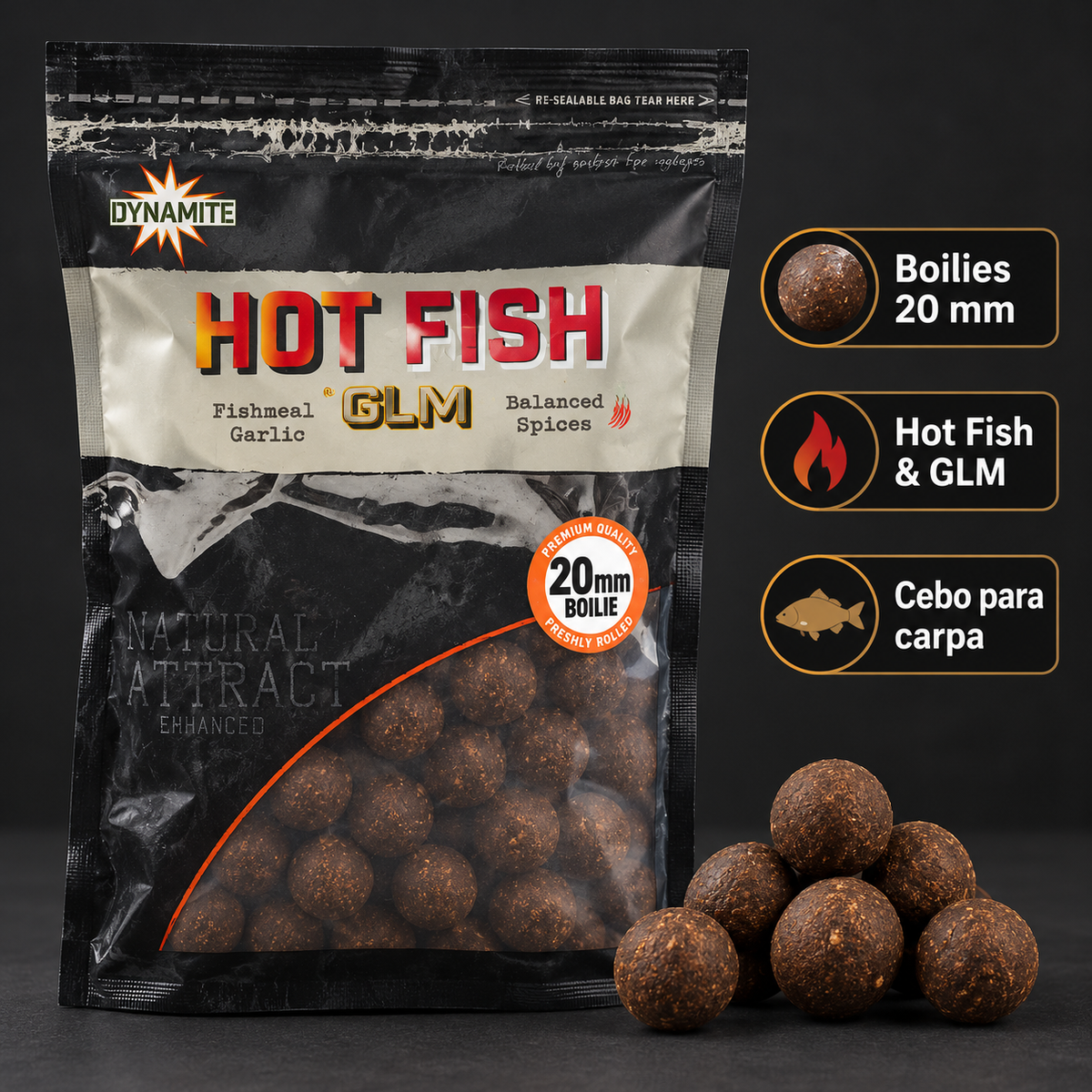 Dynamite Hot Fish & GLM Boilies 20 mm con características