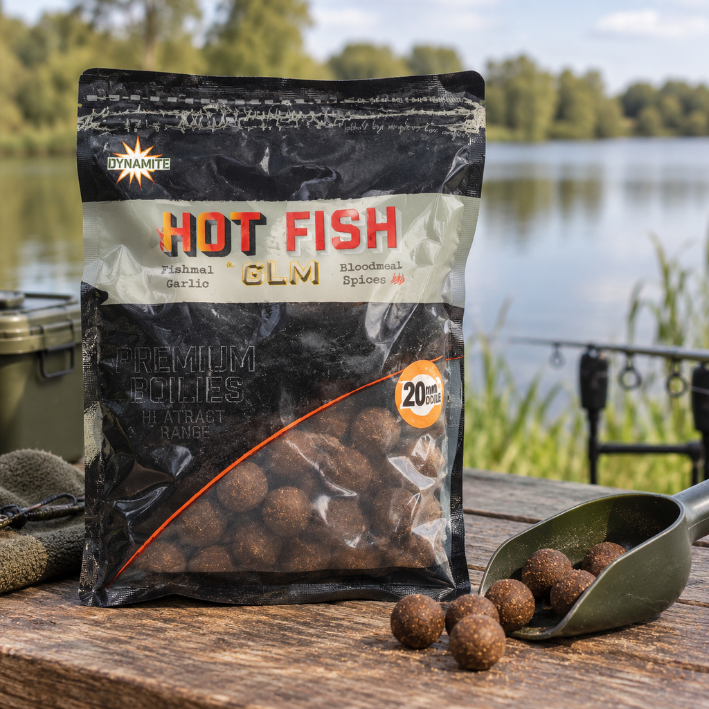 Dynamite Hot Fish & GLM Boilies 20 mm en ambiente de pesca