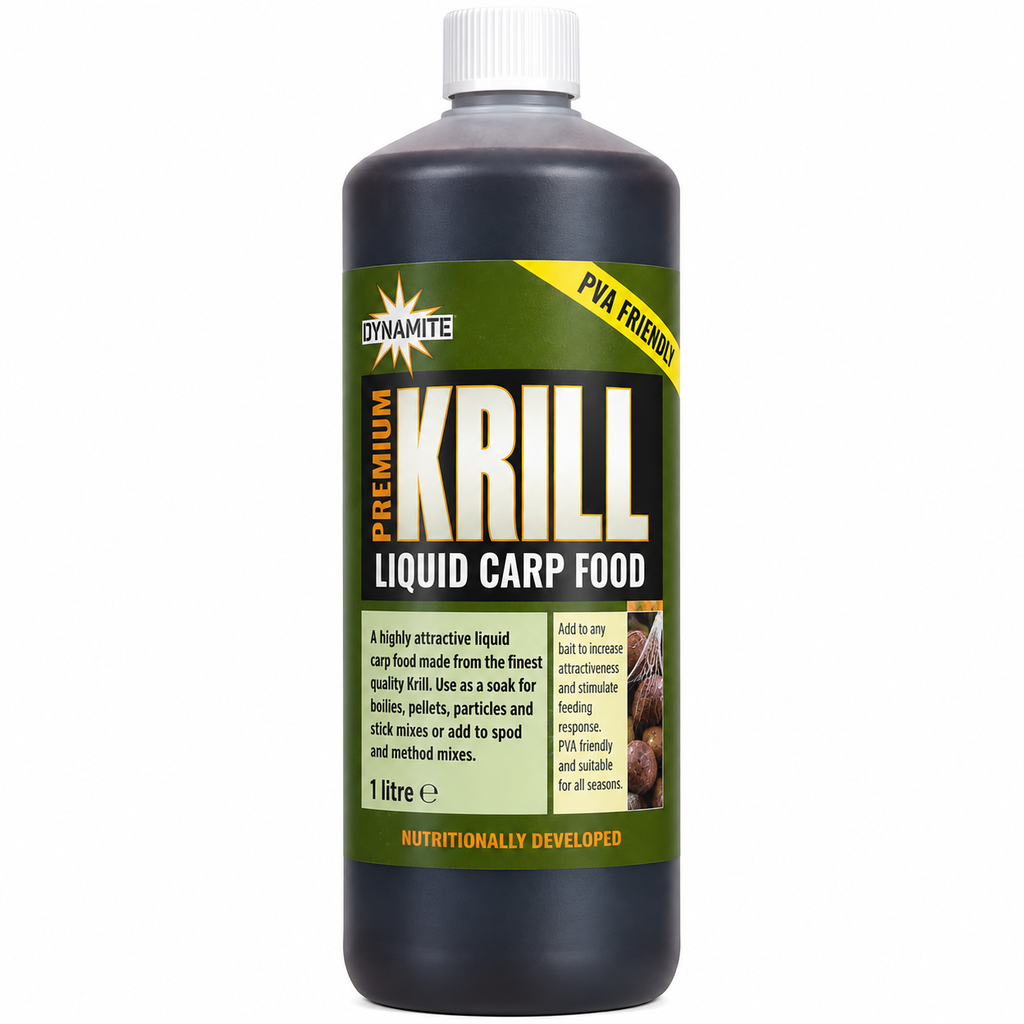 Dynamite Premium Krill Liquid Carp Food 1 litro sobre fondo blanco