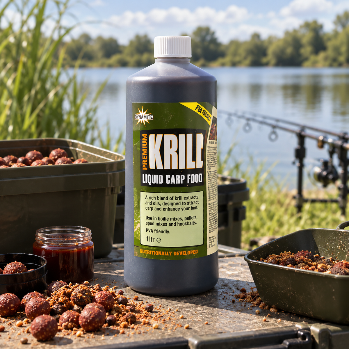 Dynamite Premium Krill Liquid Carp Food en un entorno de pesca