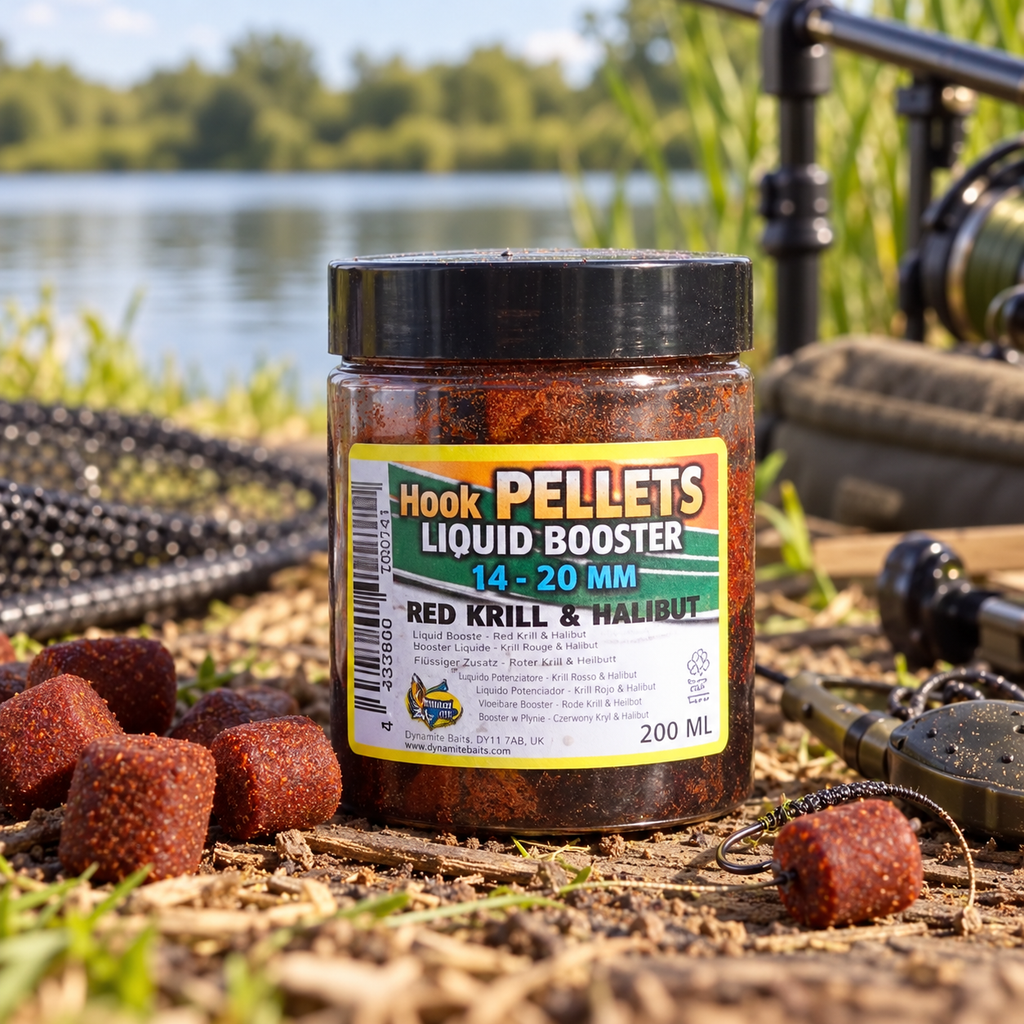 Dynamite Hook Pellets Liquid Booster en ambiente de pesca