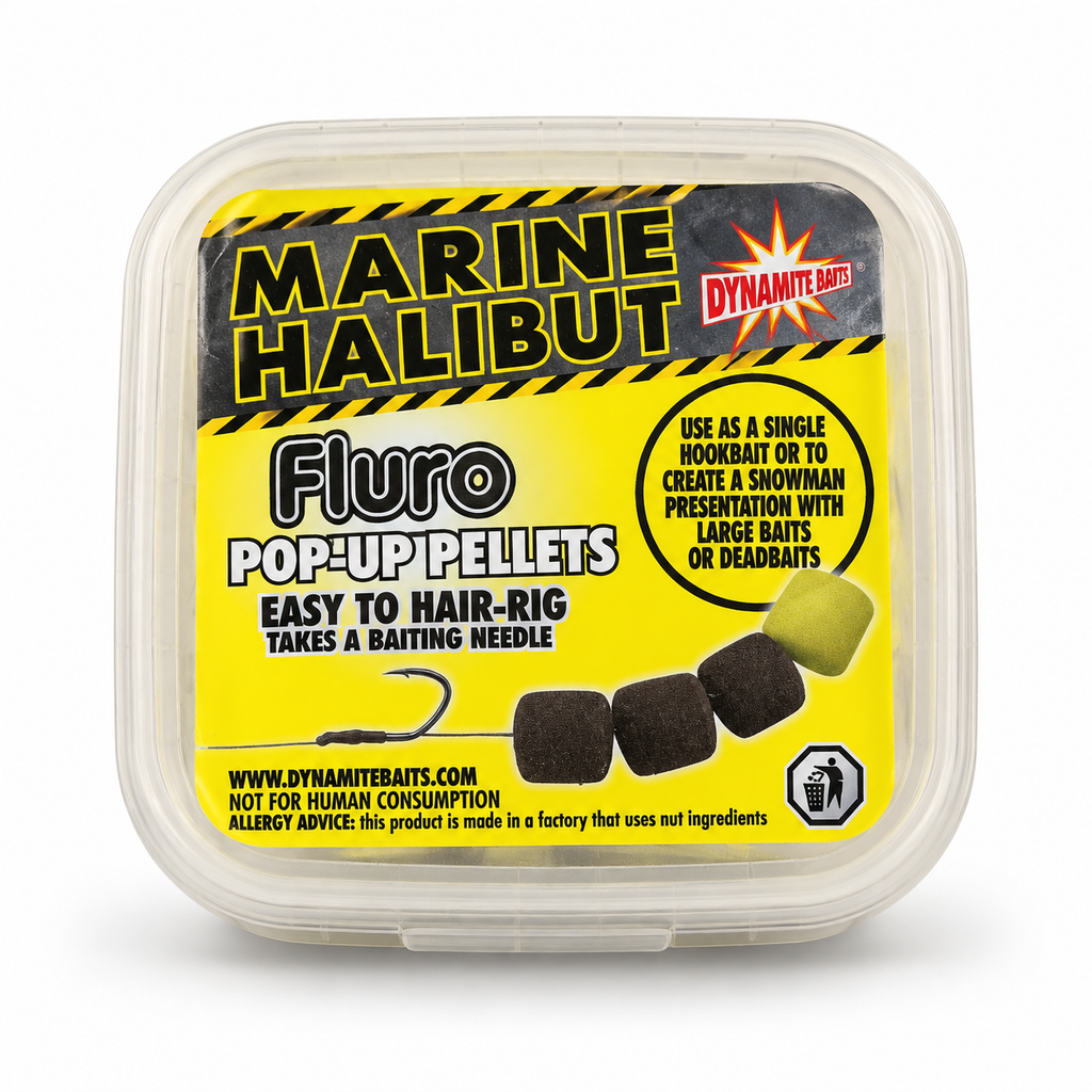 Dynamite Marine Halibut Fluro Pop-Up Pellets sobre fondo blanco