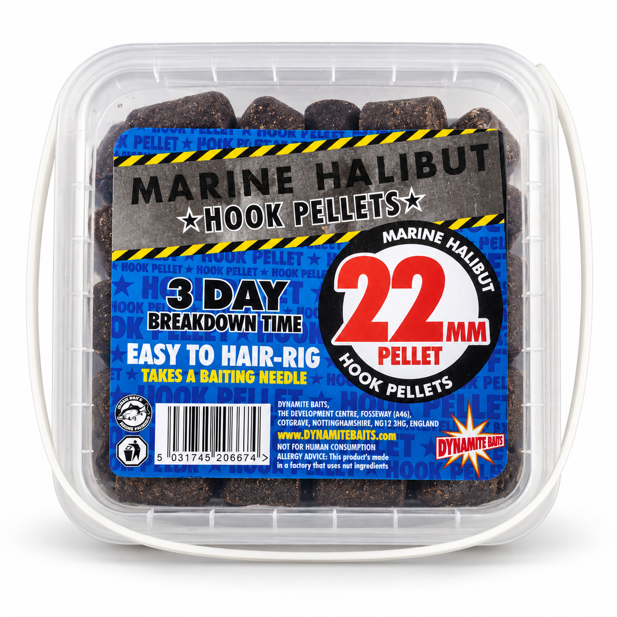 Dynamite Marine Halibut Hook Pellets 22 mm sobre fondo blanco