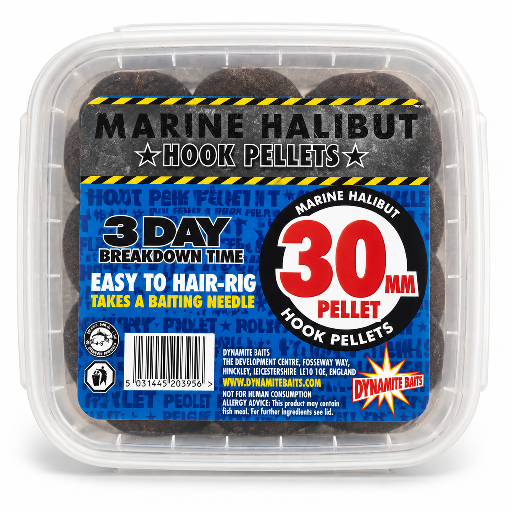 Dynamite Marine Halibut Hook Pellets 30 mm sobre fondo blanco