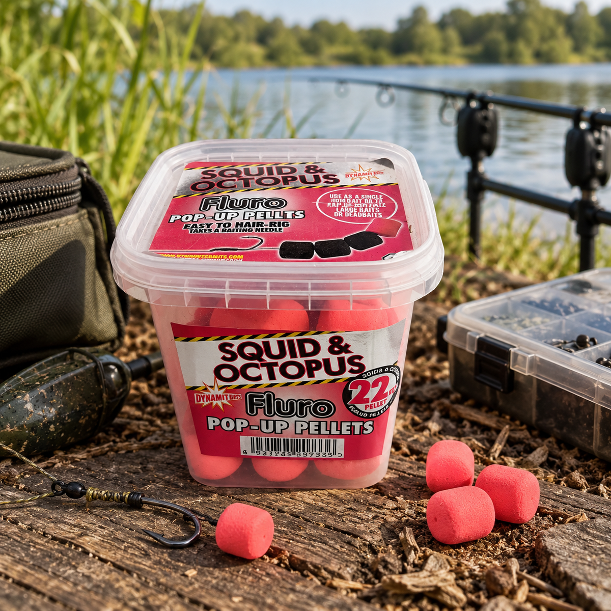 Dynamite Squid & Octopus Fluro Pop-Up Pellets 22 mm en ambiente de pesca