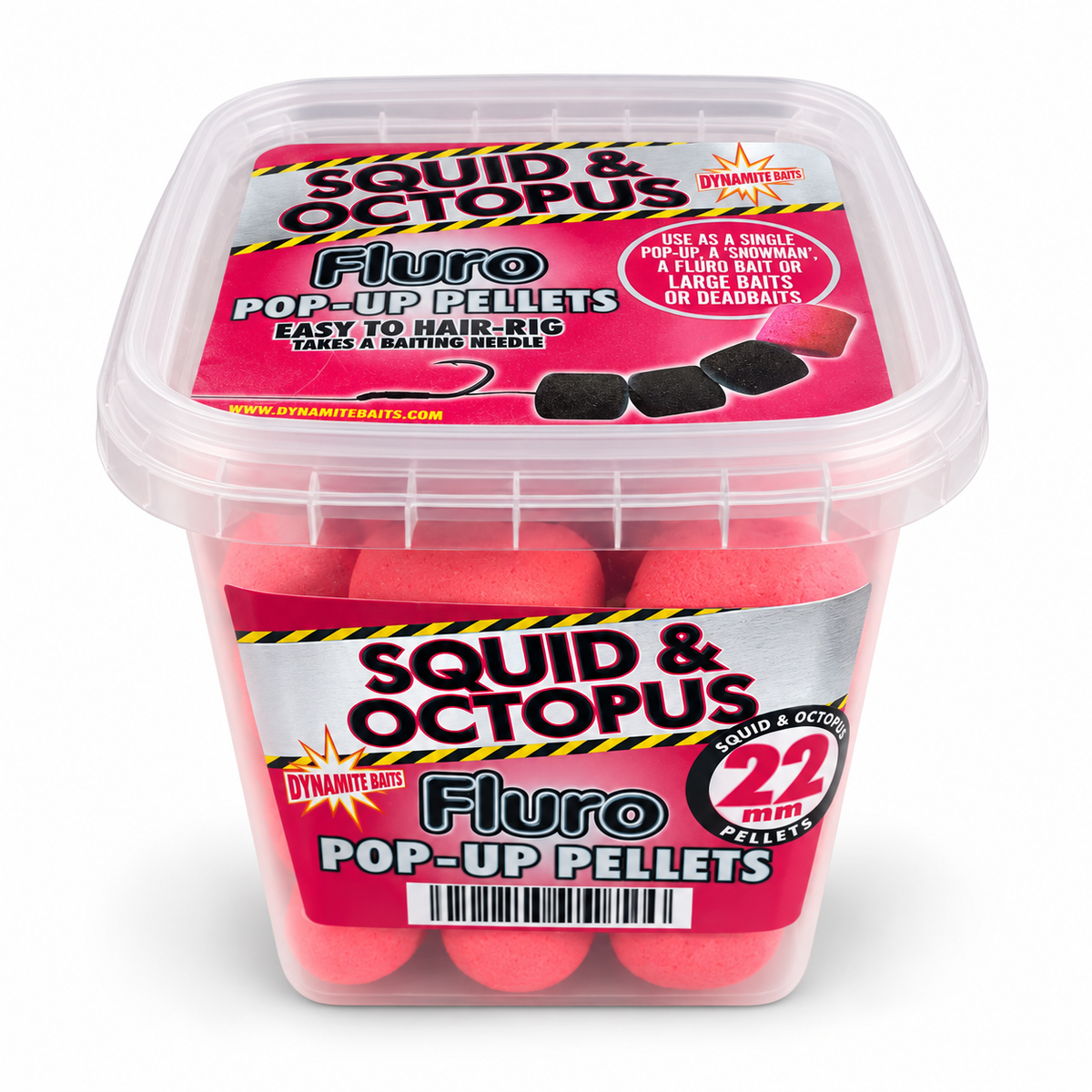 Dynamite Squid & Octopus Fluro Pop-Up Pellets 22 mm sobre fondo blanco