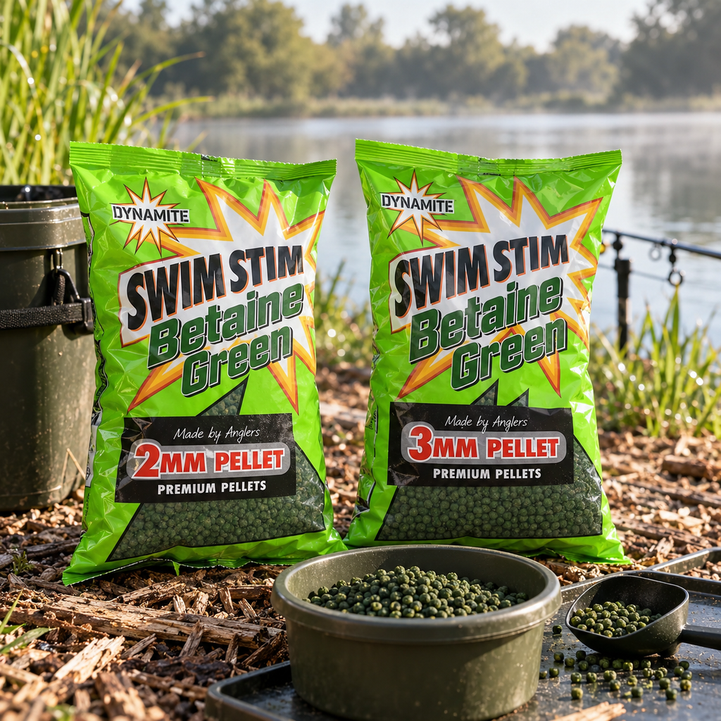 Dynamite Swim Stim Betaine Green pellets en entorno de pesca