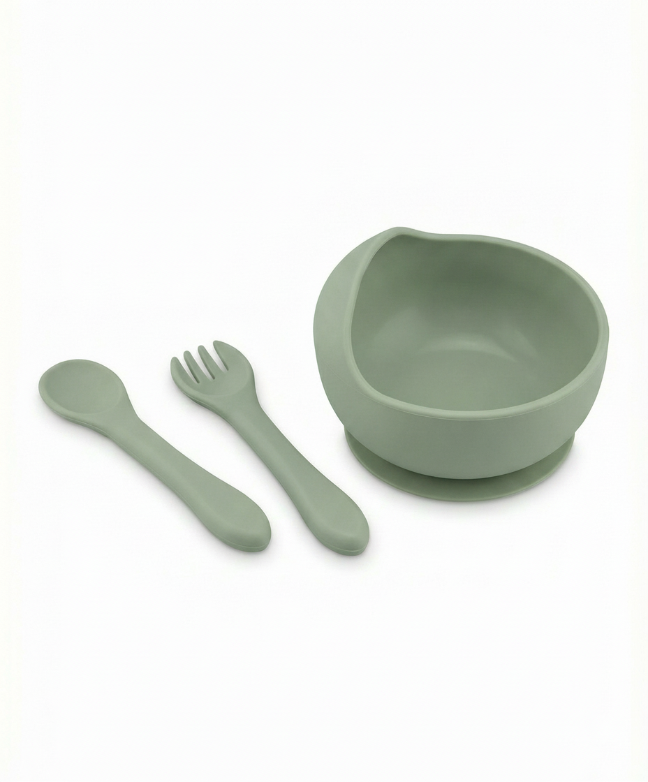 Set Bol Silicona con Ventosa + Cuchara y Tenedor Bebé Verde