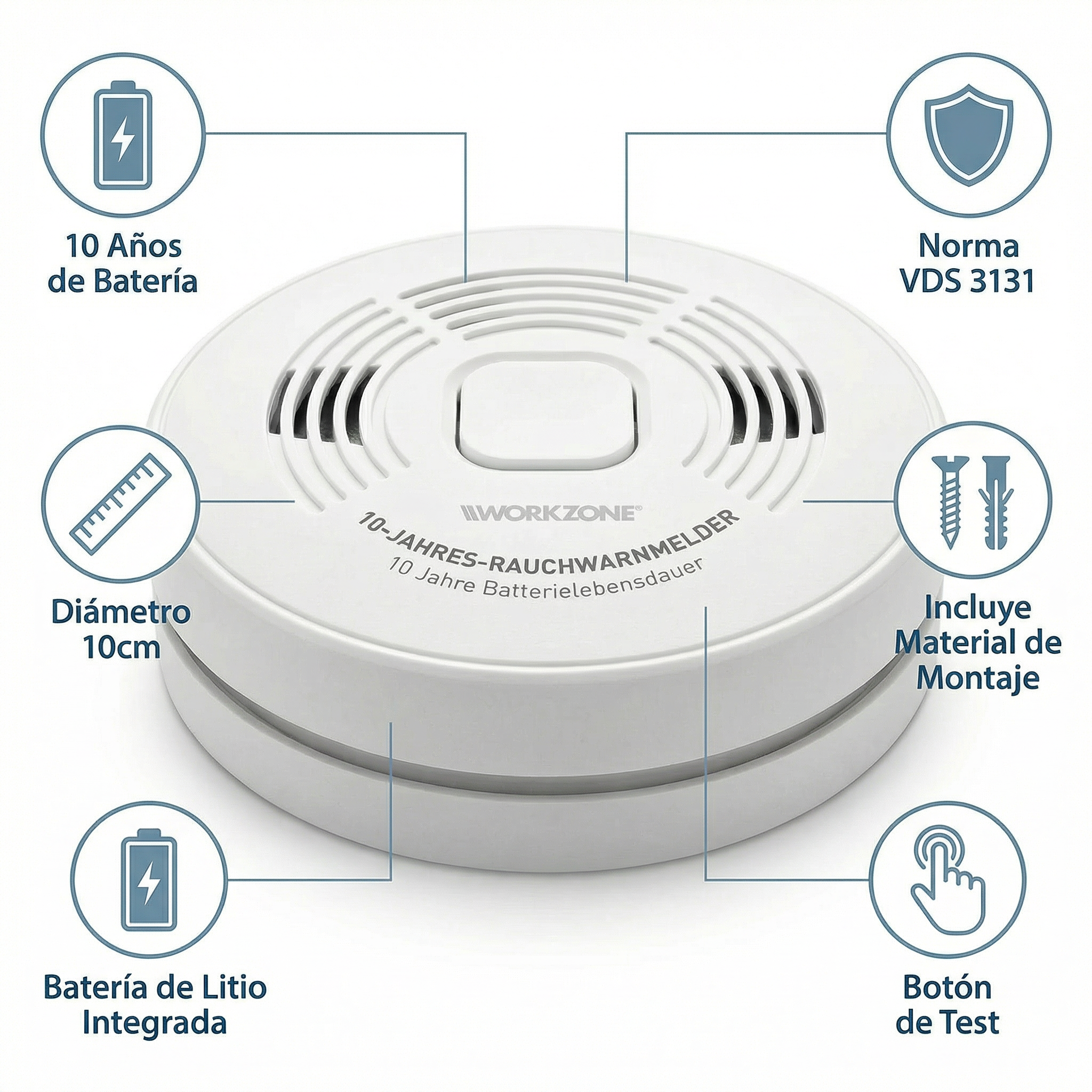 Detector de Humo 10 Años con Batería de Litio - Workzone