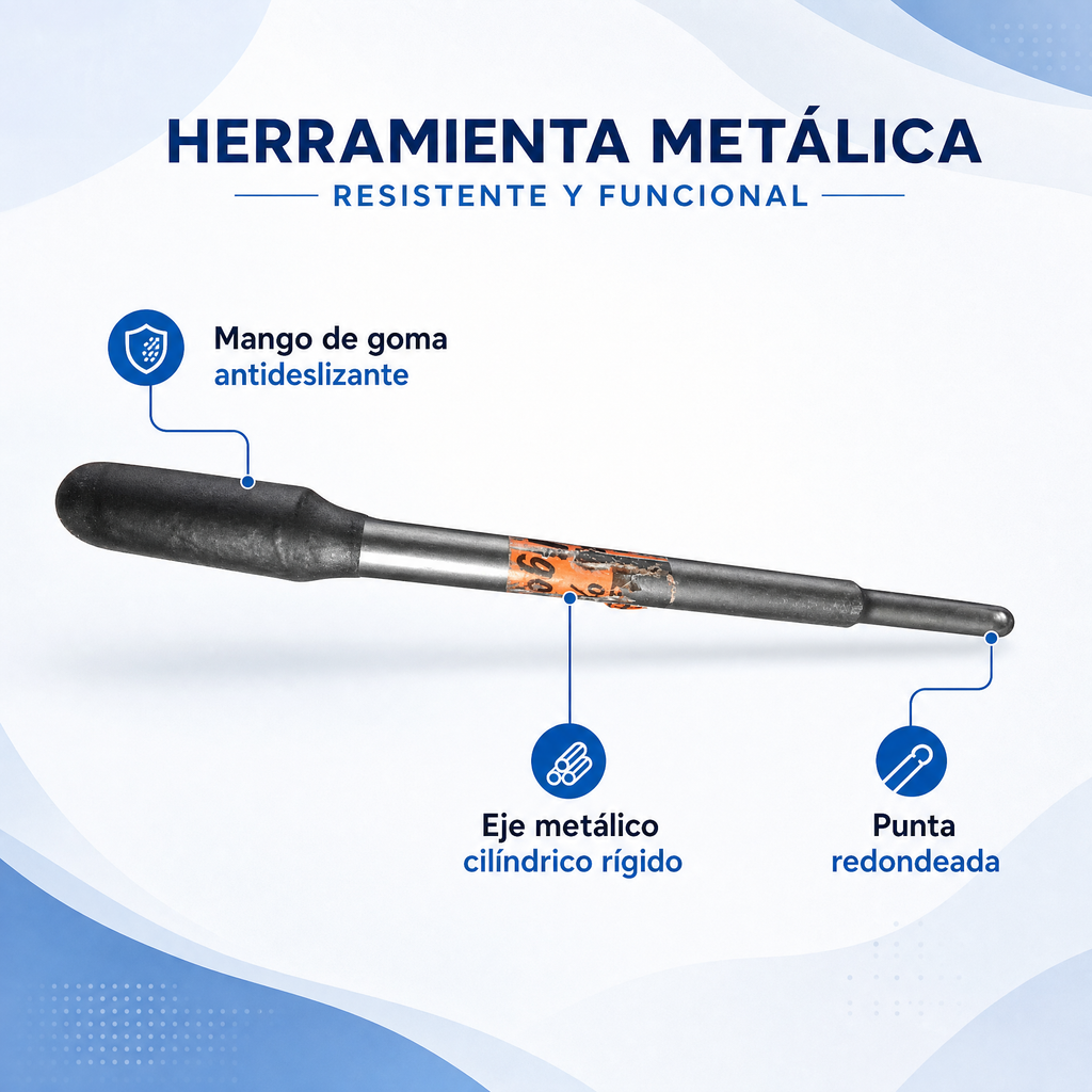 Herramienta '90' — varilla metálica con mango de goma y punta redondeada