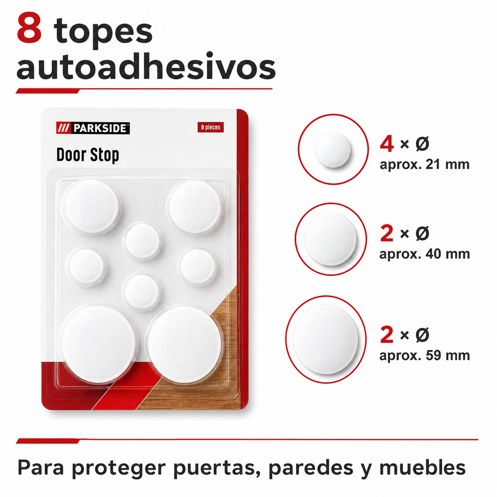Parkside Topes Autoadhesivos para Puertas, Pack de 8