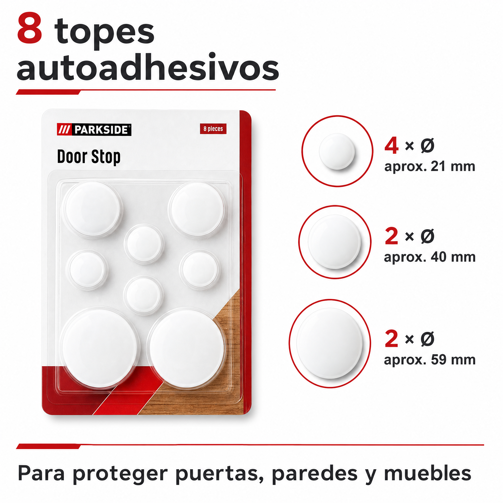 Parkside Topes Autoadhesivos para Puertas, Pack de 8