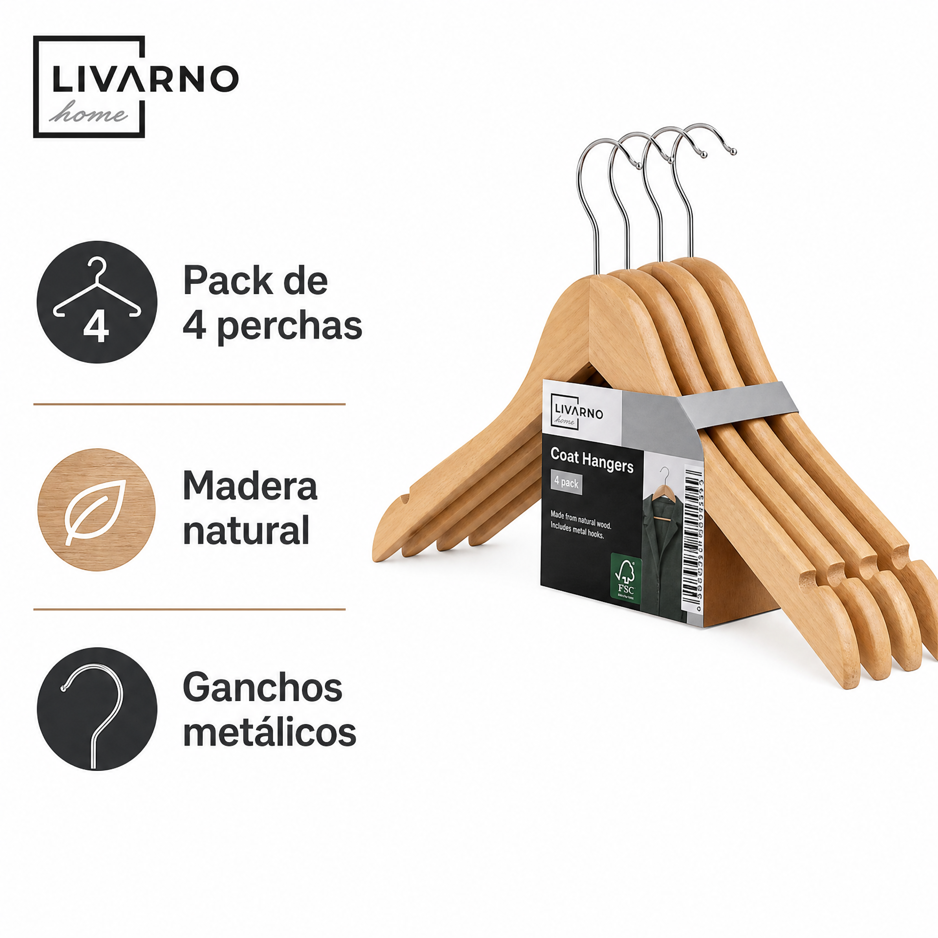 Livarno perchas de madera con gancho (paquete con etiqueta)