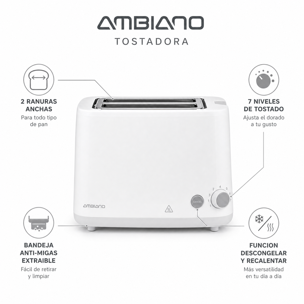 Tostadora 2 Ranuras Ambiano | Blanca 820-980W