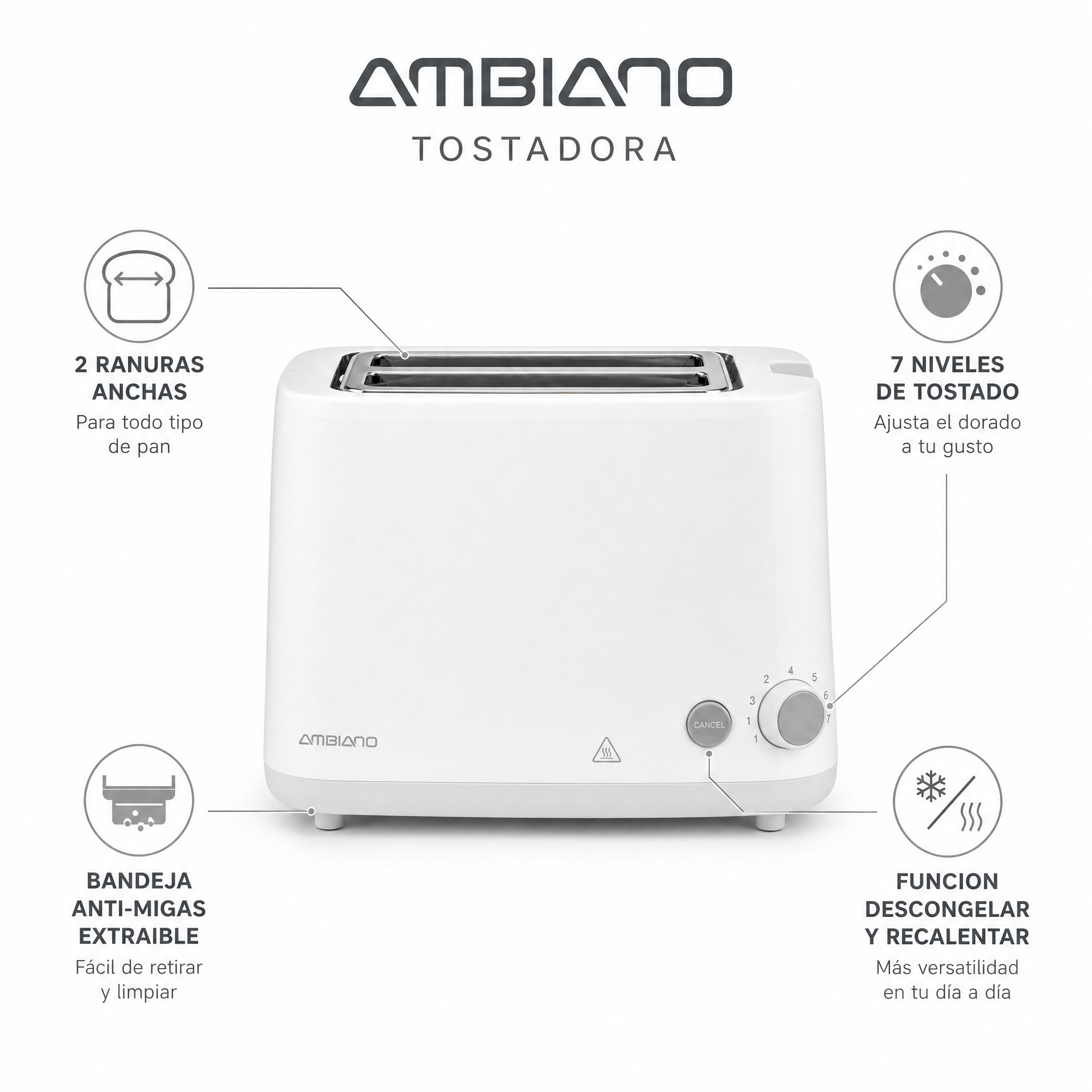 Tostadora 2 Ranuras Ambiano | Blanca 820-980W
