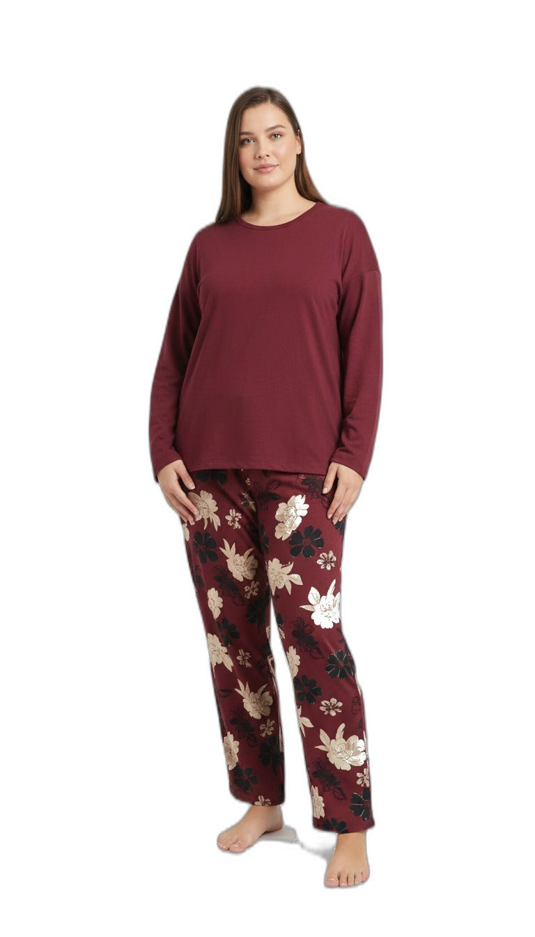 UP2 Fashion Pijama de mujer burdeos con estampado floral