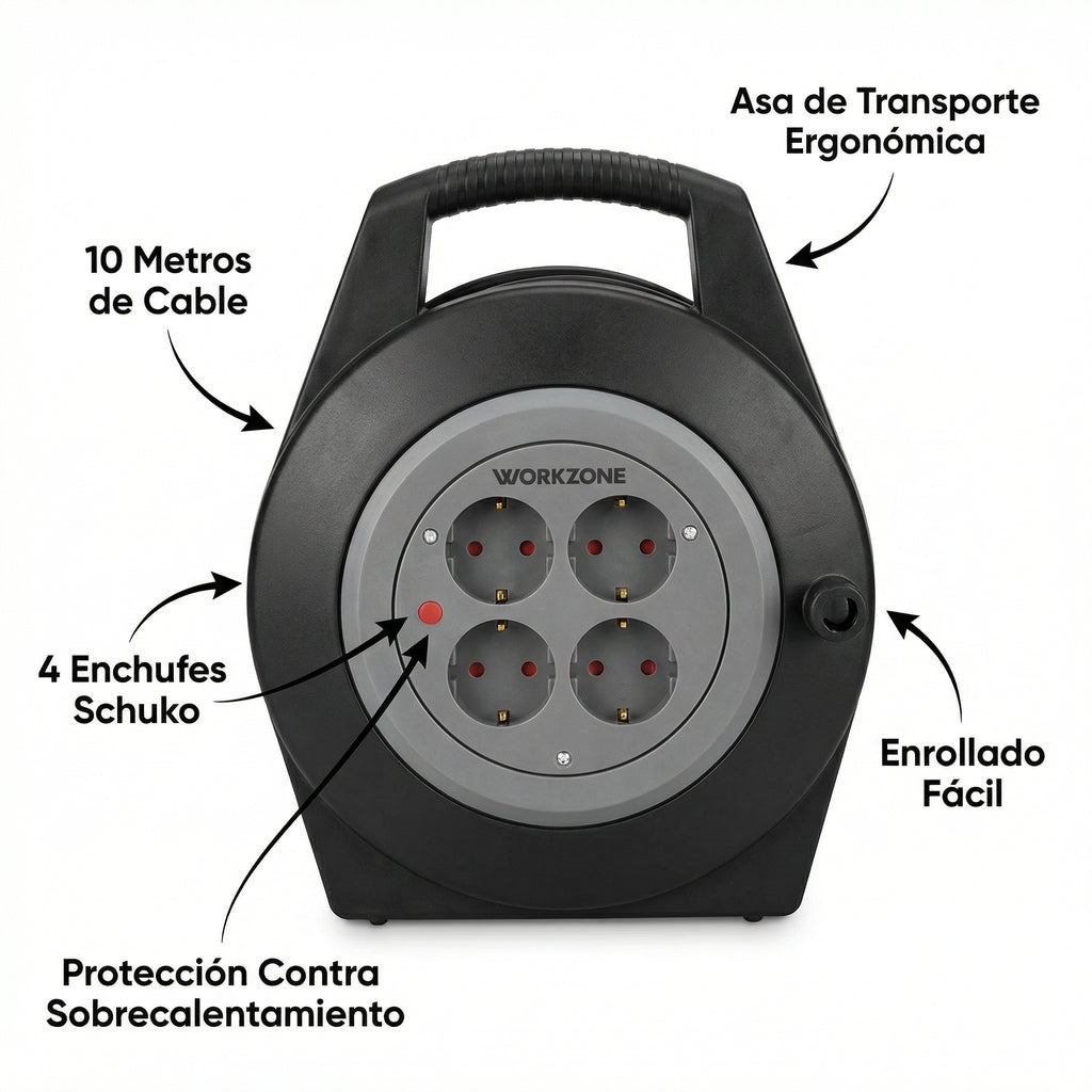Enrollacables con Tambor 10 Metros 4 Enchufes Schuko | Workzone