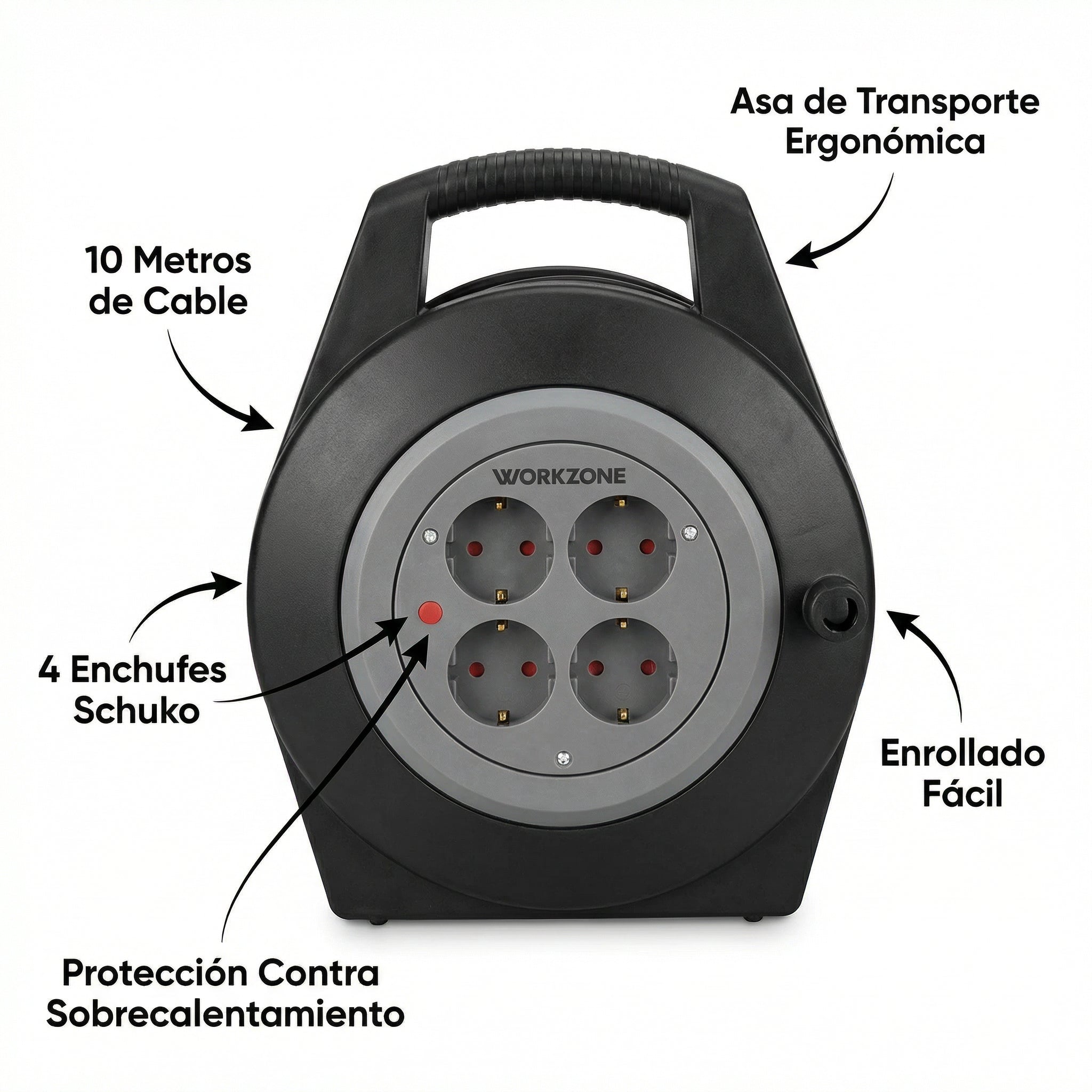 Enrollacables con Tambor 10 Metros 4 Enchufes Schuko | Workzone