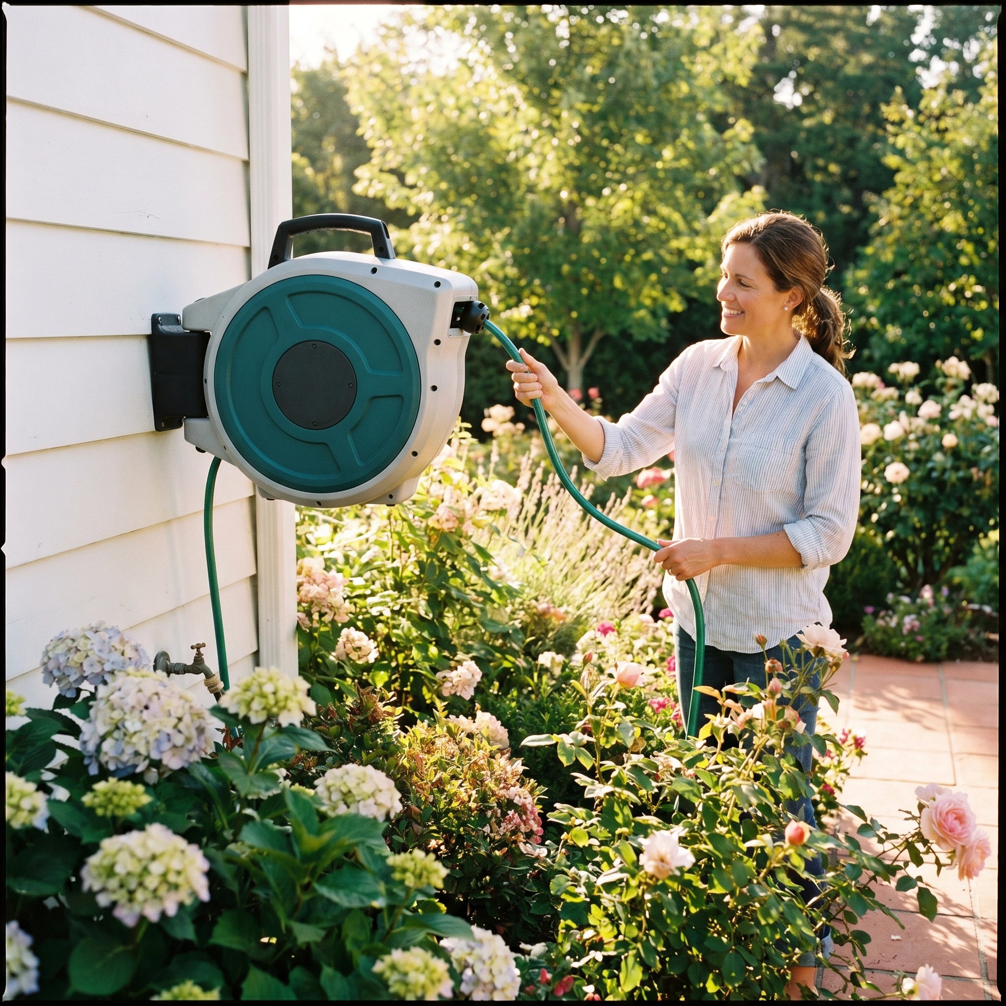 Enrollador Automatico de Manguera Gardenline 20m — Montaje Pared Giro 180